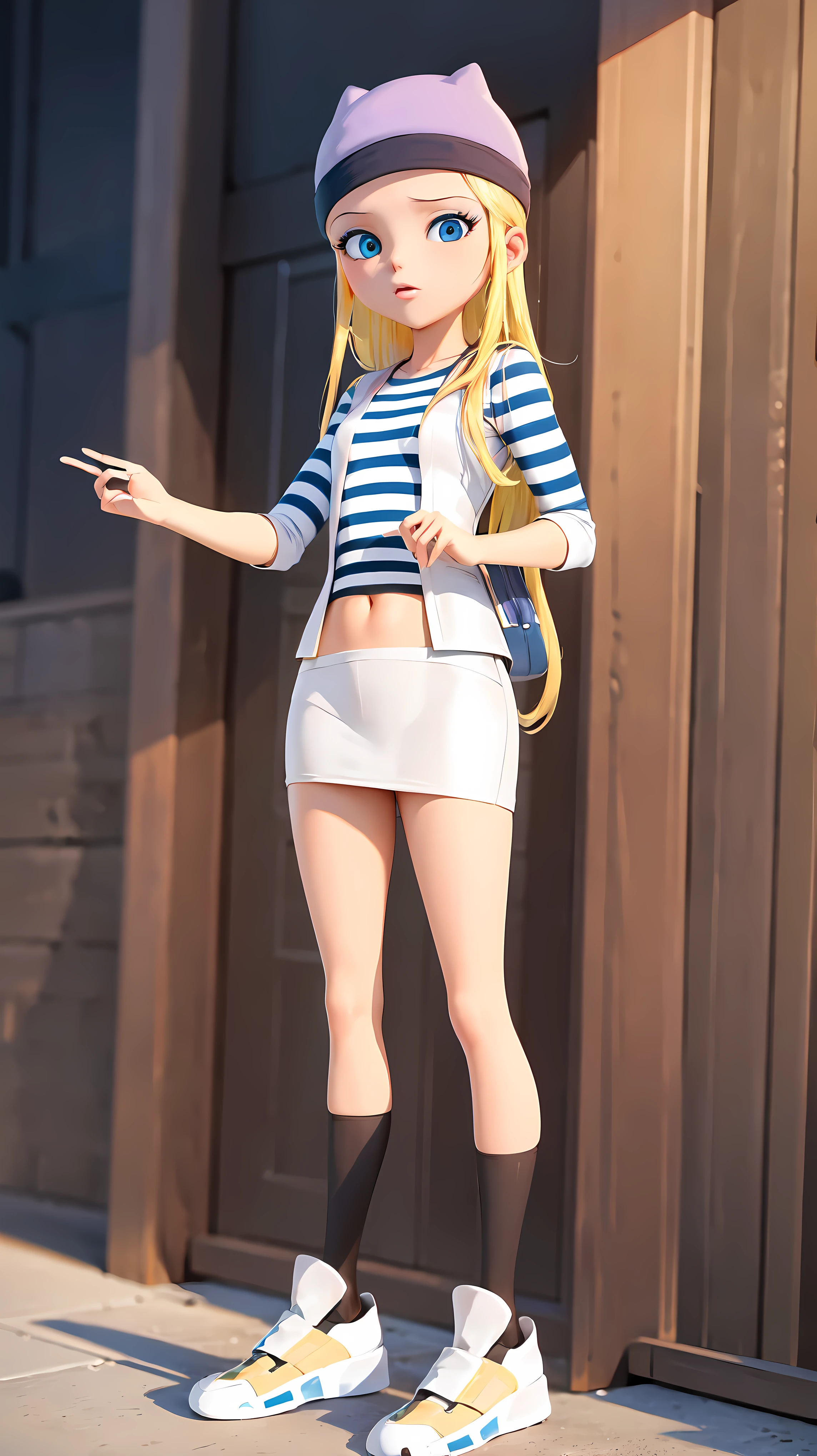 (8k, RAW photo, best quality, masterpiece:1.2), (intricate details), highres, perfect eyes, perfect face, perfect lighting, beautiful, (masterpiece:1.2), (best quality:1.2), 1girl, solo, chloe, blue eyes, blonde, sunglasses on the head, yellow beanie, yellow vest, white miniskirt, black white striped shirt, long yellow socks, navel shirt, white sneakers