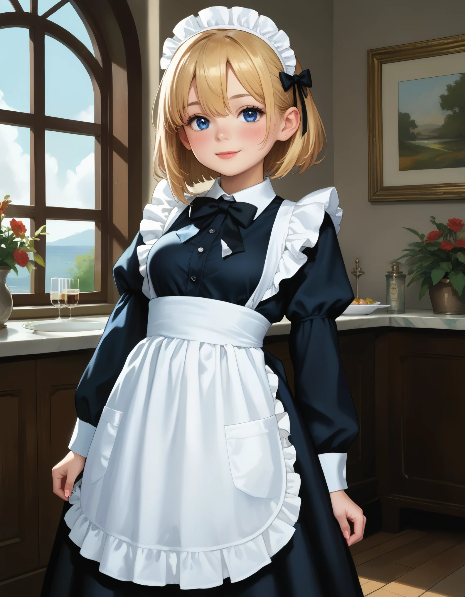 newest, masterpiece, best quality BREAK score_9, score_8_up, score_7_up, BREAK cute round face, slender, ultra detailed eyes, ultra detailed hair, ultra beautiful BREAK 1girl, solo, (classical maid:1.2), apron, blush, bow, bowtie, frilled apron, frills, long sleeves, maid, maid apron, maid headdress, waist apron, white apron, (maid costume, maid hair dress:1.3), long skirt, (holding skirt:-1), happy smile, closed mouth, standing, cowboy shot, looking at viewer, in cafeterrace, indoors, depth of field, ultra detailed background, medium large breasts, (cleavage:-1), (blonde hair, dark blue eyes), medium hair, hair between eyes