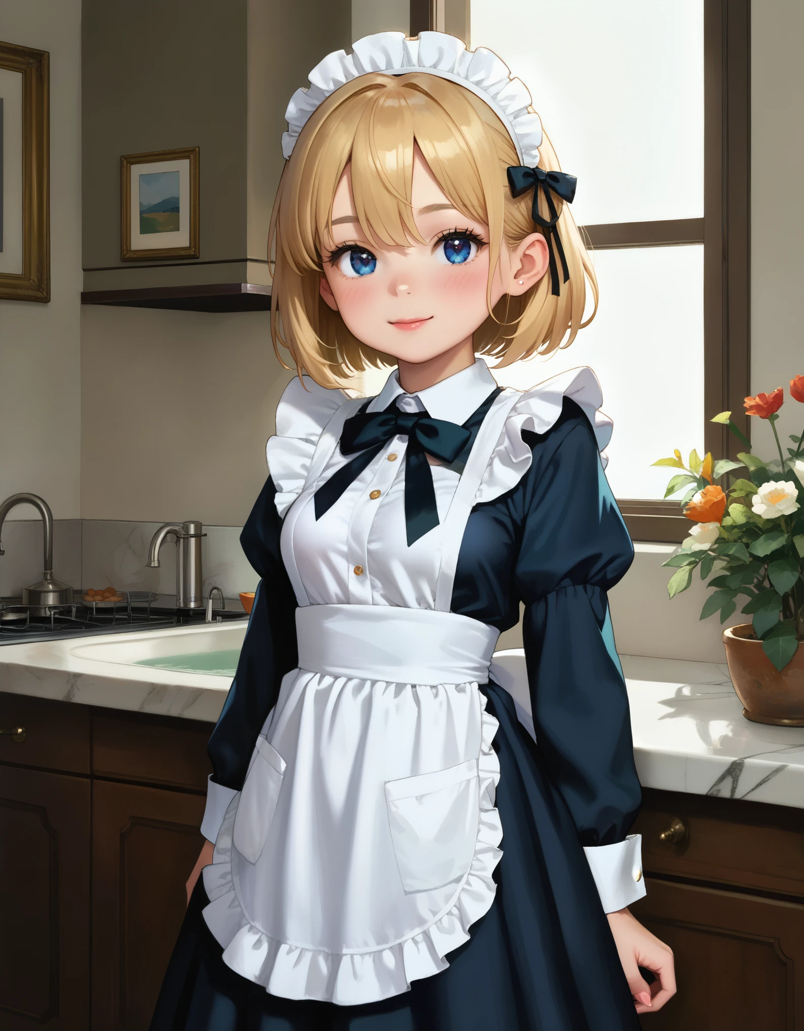 newest, masterpiece, best quality BREAK score_9, score_8_up, score_7_up, BREAK cute round face, slender, ultra detailed eyes, ultra detailed hair, ultra beautiful BREAK 1girl, solo, (classical maid:1.2), apron, blush, bow, bowtie, frilled apron, frills, long sleeves, maid, maid apron, maid headdress, waist apron, white apron, (maid costume, maid hair dress:1.3), long skirt, (holding skirt:-1), happy smile, closed mouth, standing, cowboy shot, looking at viewer, in cafeterrace, indoors, depth of field, ultra detailed background, medium large breasts, (cleavage:-1), (blonde hair, dark blue eyes), medium hair, hair between eyes