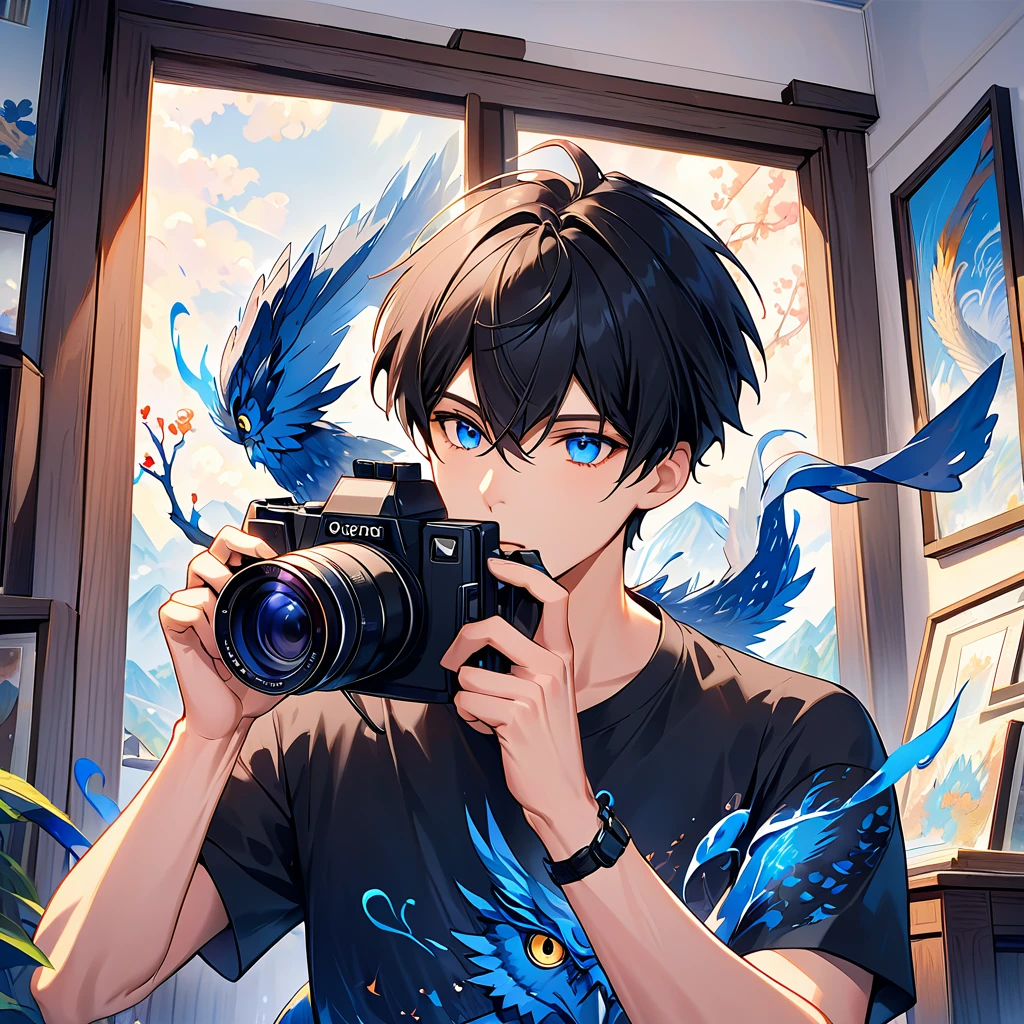 An adult male in his 30s wearing plain black t-shirt。Hair is black and short 。I'm taking a picture of an adorable owl with a black camera。 with a blue dragon swirling in the background 。 colorful ink painting based on blue。