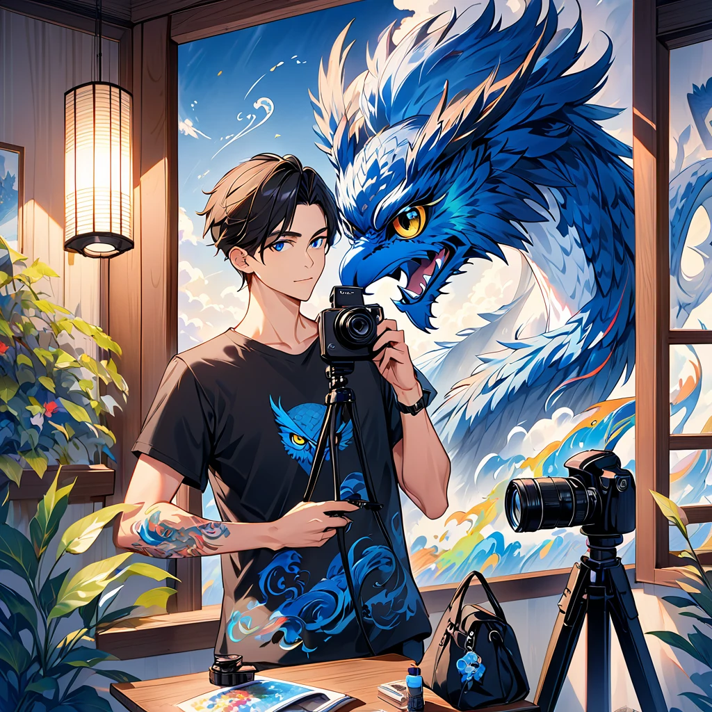 An adultmale in his 30s wearing plain black t-shirt 。The hair is pretty short and black 。Slim and tall。I'm taking a picture of an adorable owl with a black camera 。with a blue dragon swirling in the background 。 colorful ink painting based on blue。