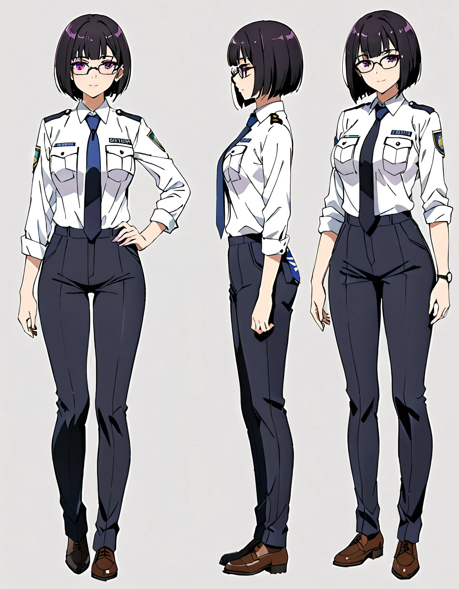 masterpiece, best quality, medium breasts, solo, equal height, finger proportions coordination, (jet black hair, short hair, bob hair, purple eyes, bangs), (full body), solo, solo focus, standing, japanese police uniform, glasses, (white shirt), (black pants, tie), matching shoes, badge, (perfect hands, perfect anatomy), superhero, ((beautiful detailed eyes)).Simple background, Multiple Views, Character Sheet Full-Length.
