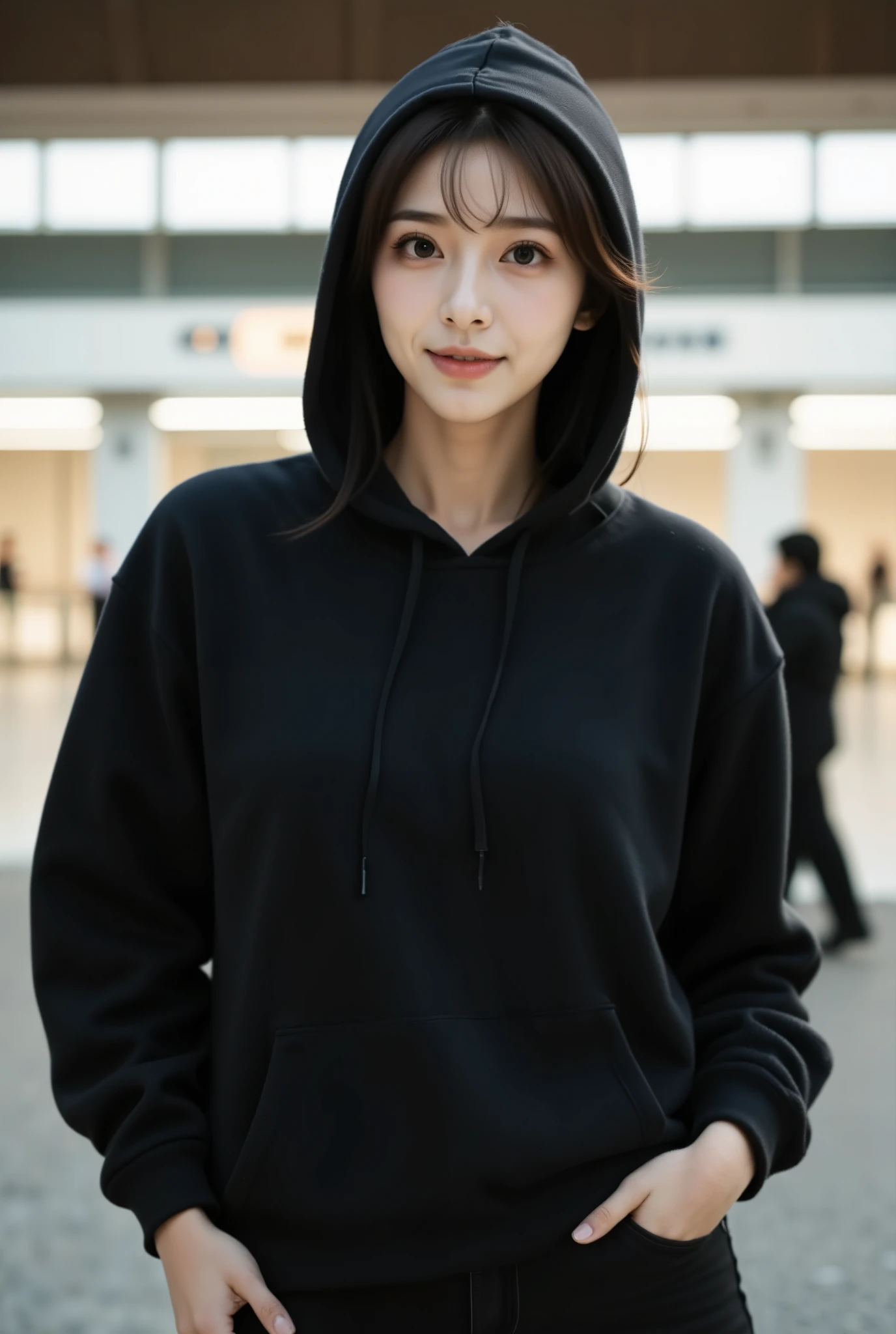 ((UHD)), A portrait photo of a cute East-Asian woman wearing a black hoodie with the hood up, both hands in her pockets, and black jeans. She is standing in front of a train station, smiling warmly. The hood covers her head, giving her a cozy and casual look. The background shows the station's entrance, with soft, natural light illuminating the scene, creating a friendly and inviting atmosphere.
