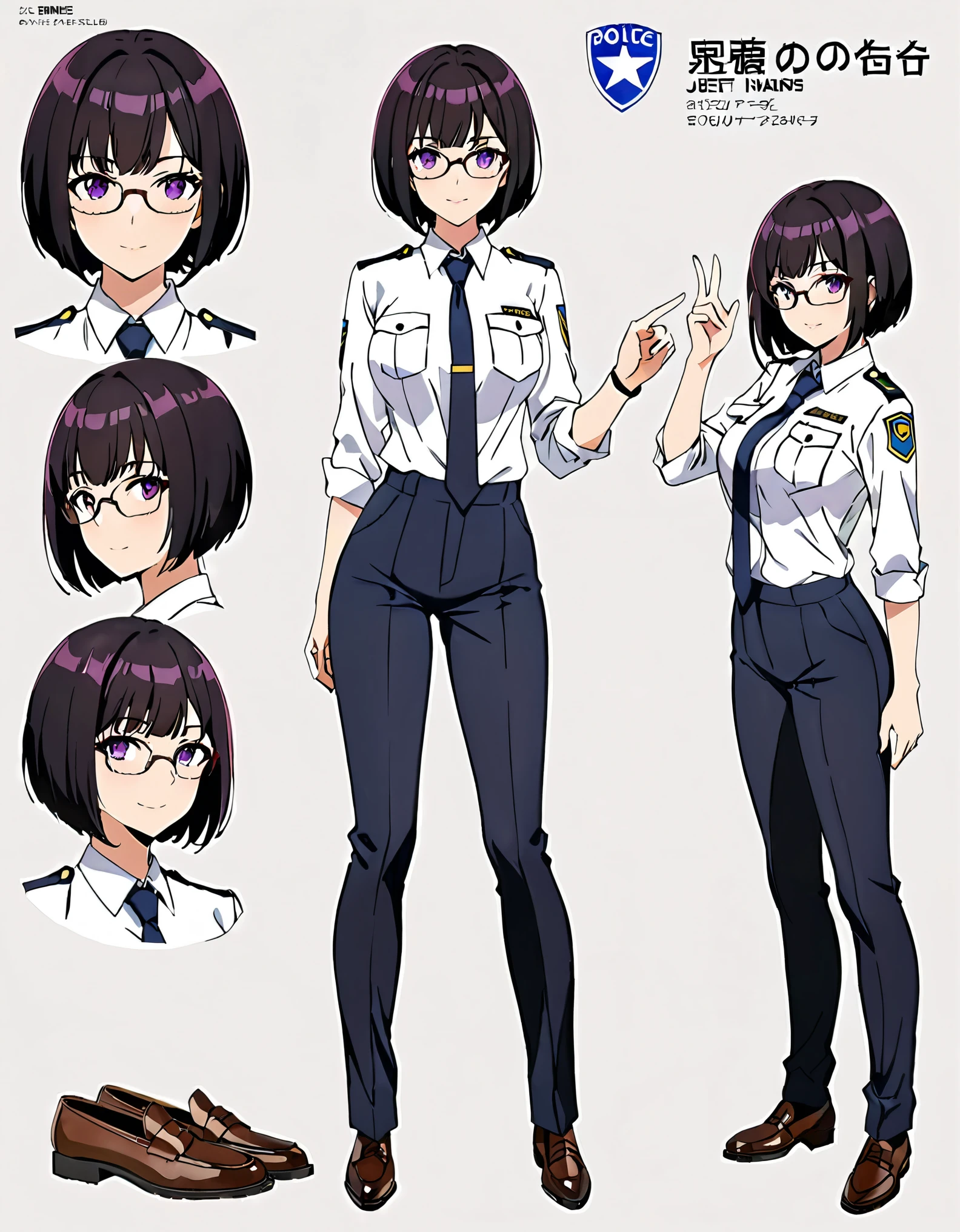 masterpiece, best quality, medium breasts, solo, equal height, finger proportions coordination, (jet black hair, short hair, bob hair, purple eyes, bangs), (full body), solo, solo focus, standing, japanese police uniform, glasses, (white shirt), (black pants, tie), matching shoes, badge, (perfect hands, perfect anatomy), superhero, ((beautiful detailed eyes)).Simple background, Multiple Views, Character Sheet Full-Length.