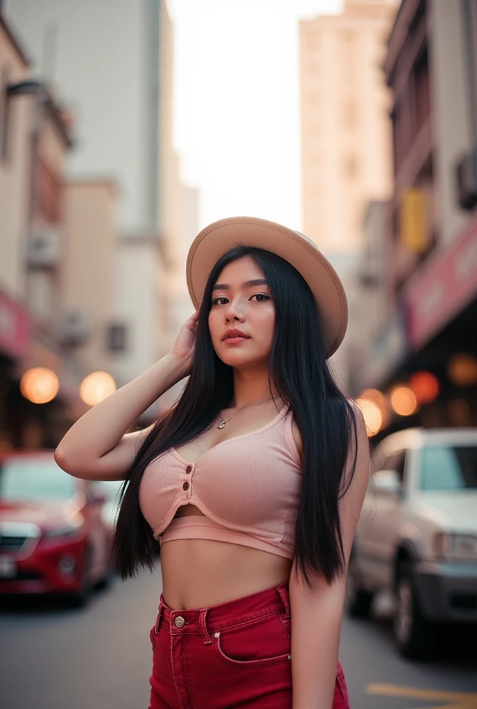 photography of a stunning girl, in the city, wearing a black skirt, enjoying, girl, summer, hot girl, (((medium bust))), brunette hair, long_hair, looks into the camera, symmetrical face, photorealistic, photography, spectacular lighting,, gorgeous, cleavage, western, (masterpice), best quality, high resolution, extremely detailed, skin with pores, blurred background, depth of field, cinematic lighting, aisan, PHILIPPINES