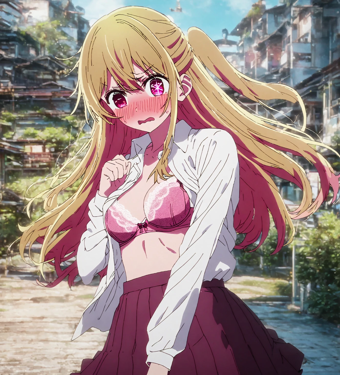 ruby hoshino, long hair, bangs, blonde hair, pink eyes, sidelocks, symbol-shaped pupils, multicolored hair, two-tone hair, star-shaped pupils, medium breast, blush, embarrassed expression, collard shirt, white shirt, open shirt, bra, pink bra, lace bra, show bra, skirt, pleats skirt, from front, looking viewer, wide shot, solo, alone, best quality, high quality, ultra-detailed, super detailed, high resoolution, hyper resolution, 8K, detailed background,