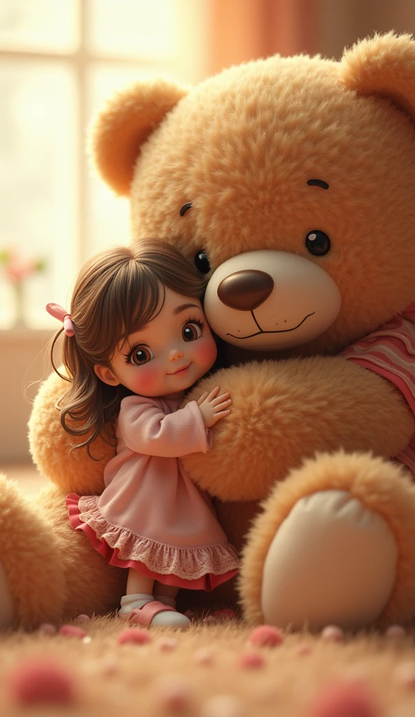 A small girl, extremely detailed eyes and face, beautiful detailed eyes, beautiful detailed lips, longeyelashes, hugging a huge teddy bear, cartoon, realistic, (best quality,4k,8k,highres,masterpiece:1.2),ultra-detailed,(realistic,photorealistic,photo-realistic:1.37),HDR,UHD,studio lighting,ultra-fine painting,sharp focus,physically-based rendering,extreme detail description,professional,vivid colors,bokeh,cute,adorable,heartwarming,whimsical,soft pastel colors,warm lighting