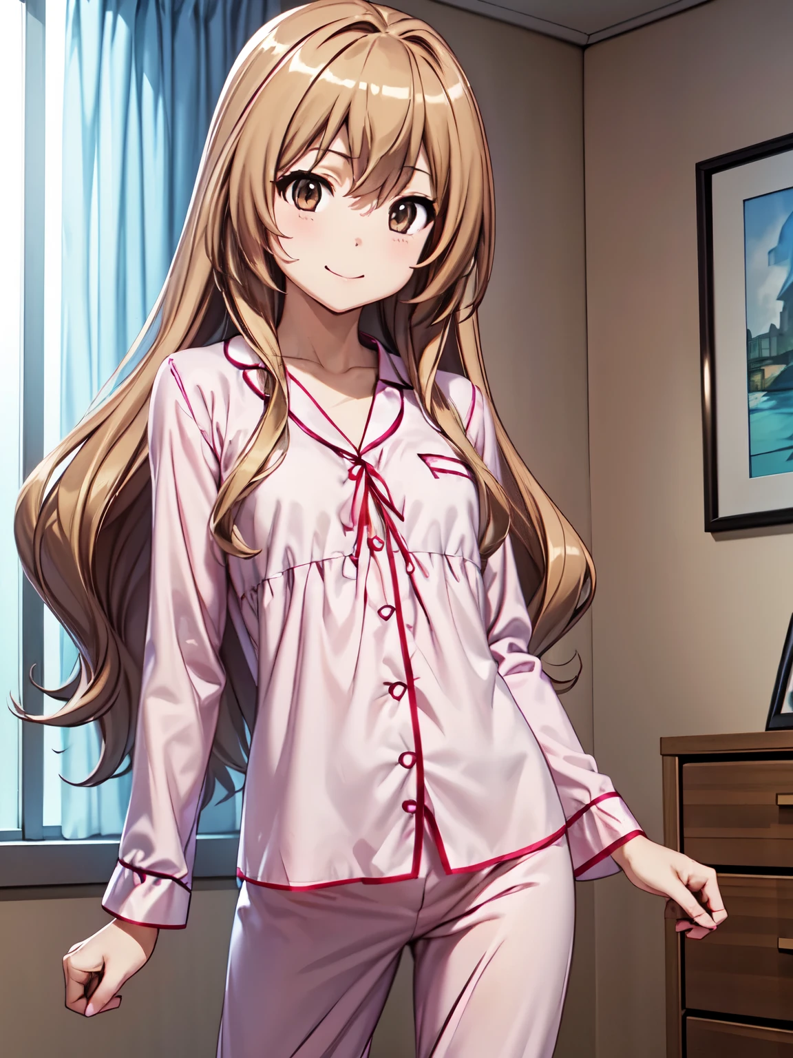 masterpiece, Best Quality, High image quality,  one girl playing pranks、solo、indoor、taiga aisaka、( Brown Eyes :1.5)、Standing, closed mouth、smile、Attractive eyes、Half asleep、(Long pants、In pajamas:1.3),Pink pajamas、In pajamas、 sharp pupils 、  Kampala、  Kampala、 super fine painting,、( very detailed、color、Sparkle)、(Genuine、Real、Realistic:1.2)、Small breasts、  Kampala、超 Kampala