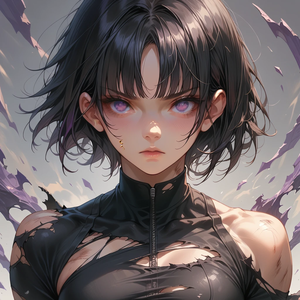 woman, Defined skinny physique , ,  short black hair with cropped bangs, wearing simple plain black linen bodysuit, wearing ripped body , purple eye color,  full body image