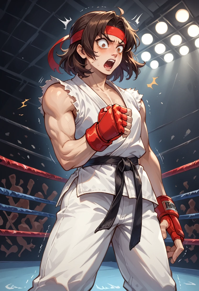 score_9, score_8_up, score_7_up, 1boy, solo, female focus, ((small breasts)), androgynous, skinny, Ryustr33tf1ght, black gair, (medium hair:1.5), brown eyes, red headband, white dougie, white pants, black belt, red gloves, fingerless gloves, standing, shocked, shaking, looking down, fighting ring