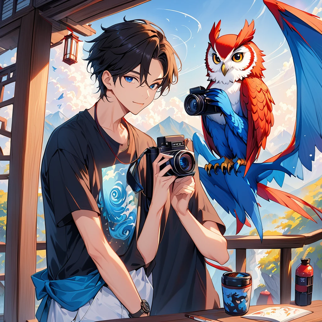 1 35-year-old male 。 is tall and wears a plain black t-shirt 。I'm flying 、Her hair is short。 taking a picture of a cute owl with a black camera。 I have a blue dragon swirling in the background。 colorful ink painting based on blue 。