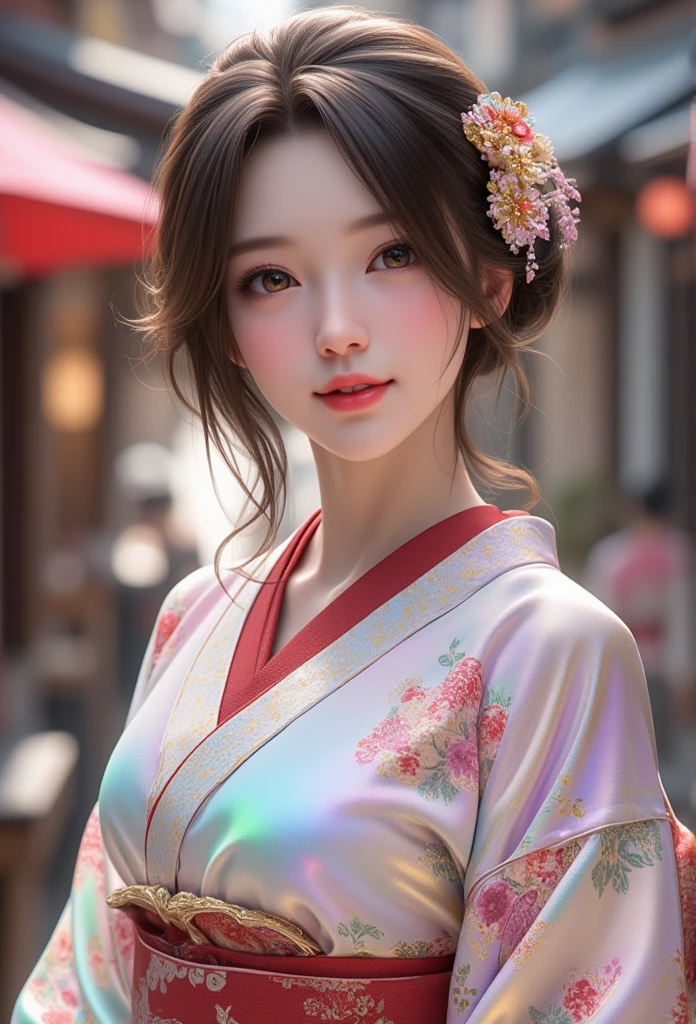 (super cute young face:1.4),(sparkling clear attractive large glowing eyes:1.3), (japanese idol face:1.3),very beautiful cute girl,(baby face:1.3),(fifteen years old:1.3),exquisite smooth and silky brown hair,fair skin,(happy cheerful smile),professional portrait,
(gorgeous flamboyantly holographic white-colored apprentice geisha costume :1.3), (apprentice geisha costume :1.3) ,(very beautiful kimono:1.2) ,happy cheerful smile,body shot,in the street kyoto