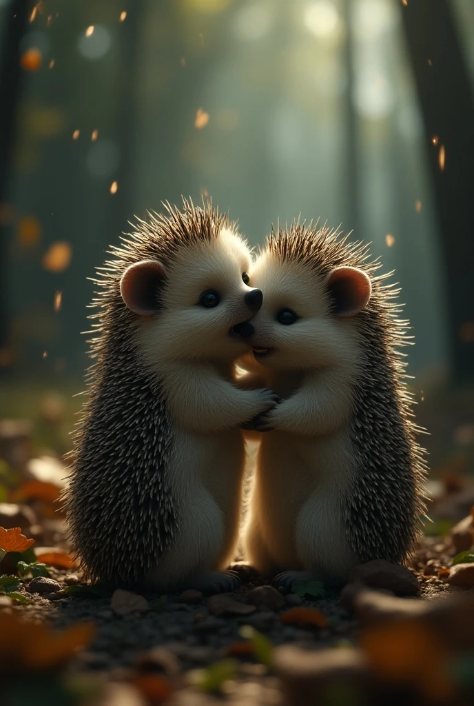 Hug, ((masterpiece, highest quality, Highest image quality, High resolution, photorealistic, Raw photo, Extremely detailed CG unified 8k wallpaper)), Dramatic Light, Volumetric Light, Two hedgehogs who love each other are standing up and hugging each other, stuttering in pain, mouths open,