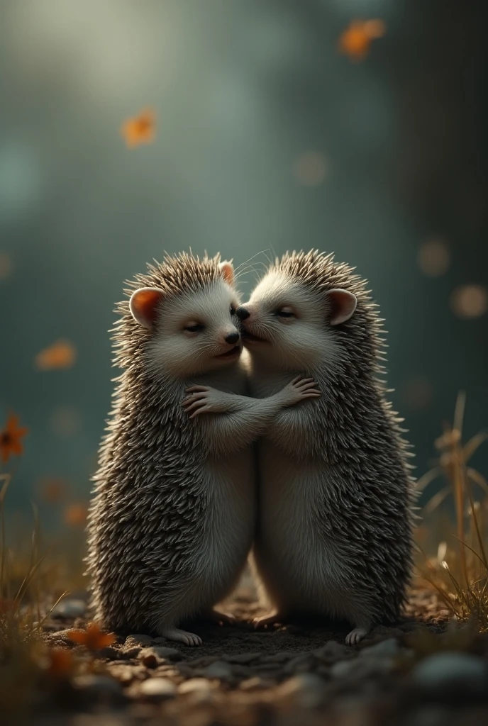 Hug, ((masterpiece, highest quality, Highest image quality, High resolution, photorealistic, Raw photo, Extremely detailed CG unified 8k wallpaper)), Dramatic Light, Volumetric Light, Two hedgehogs who love each other are standing up and hugging each other, stuttering in pain, mouths open,