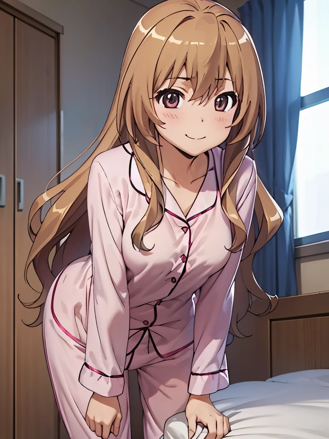 masterpiece, Best Quality, High image quality,  one girl playing pranks、solo、indoor、taiga aisaka、( Brown Eyes :0.5)、standing, closed mouth、smile、Attractive eyes、Half asleep、(Long pants、In pajamas:1.3),Pink pajamas、In pajamas、 sharp pupils 、  Kampala、  Kampala、 super fine painting、(Genuine、Real、Realistic:1.2)、Small breasts、  cowboy shot、Leaning forward