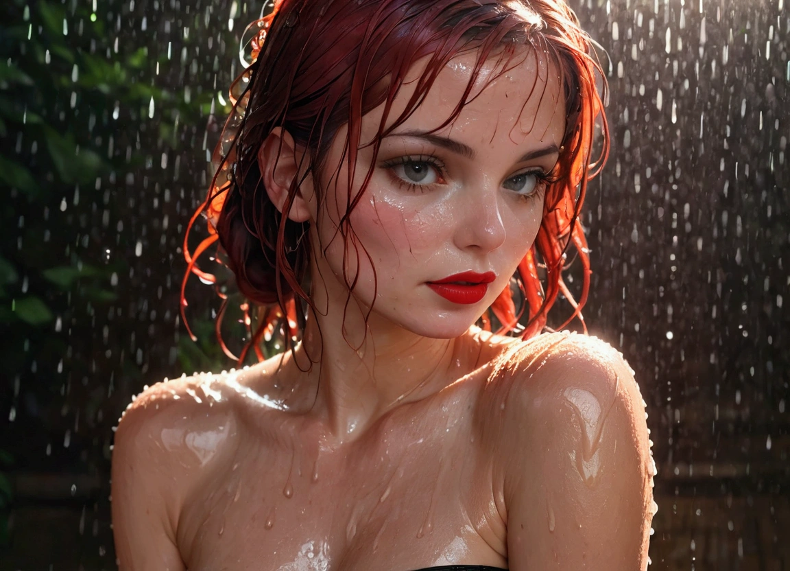 a hot lady, bare shoulder, sweaty skin droplets, shoulder off, red lips, wet hair