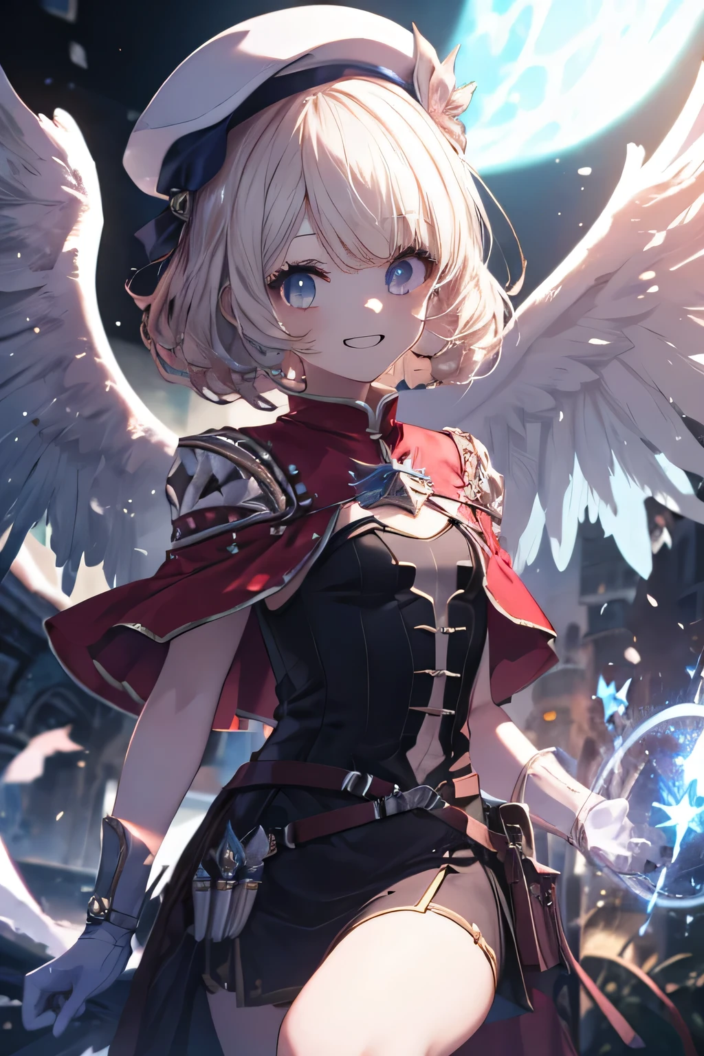 Girl smiling(Showing the teeth), dentro de un MMORPG, Castering Acid skill demonstration to enemies,  unknown background(MMORPG), complete anatomy, white beret, angel wings, 3D,  ornament of an accessory shaped like a flower on the head, aura, graphic effects, first person, derision
