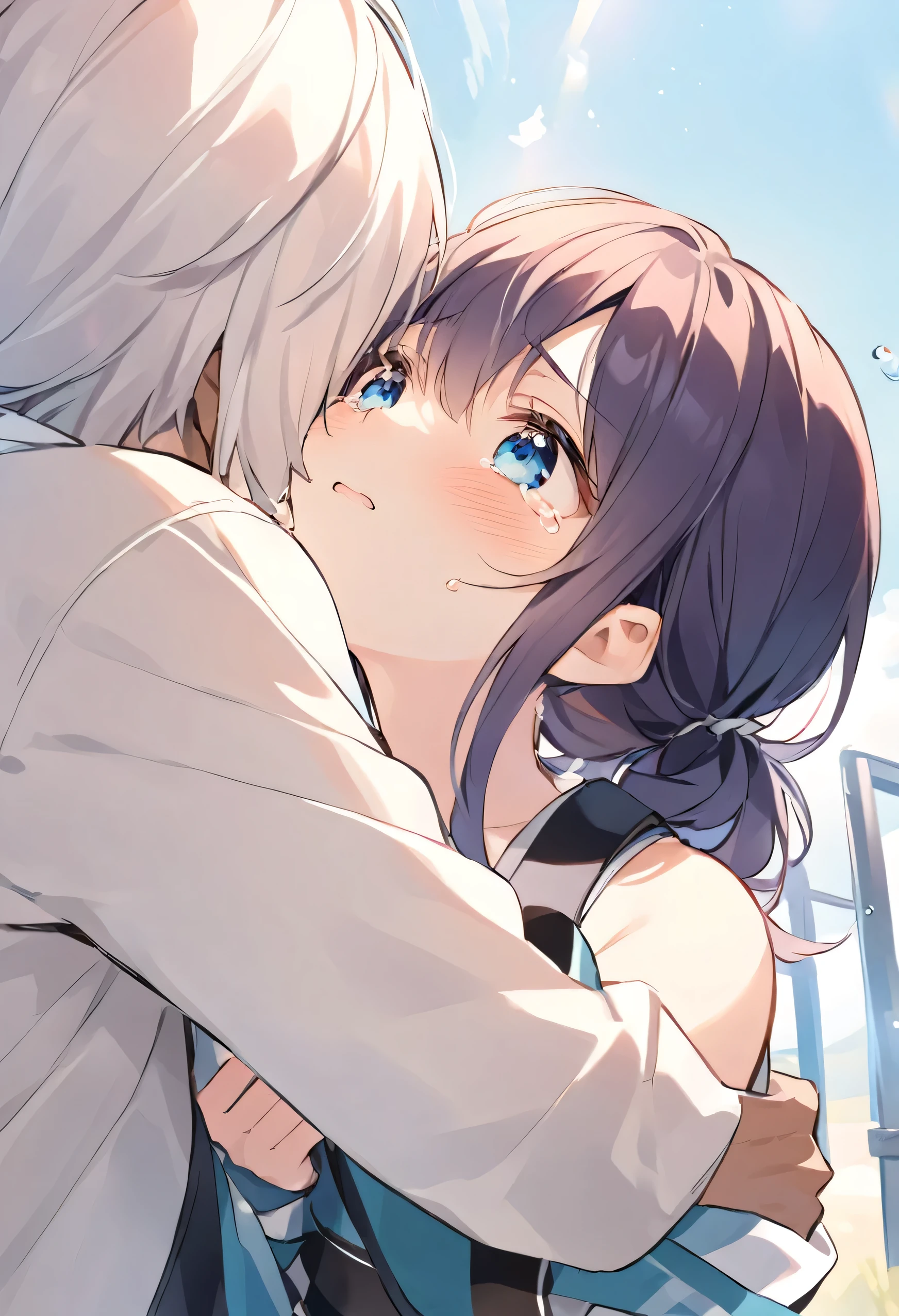 Female student crying embracing a man looking up, we see it from the perspective of the man