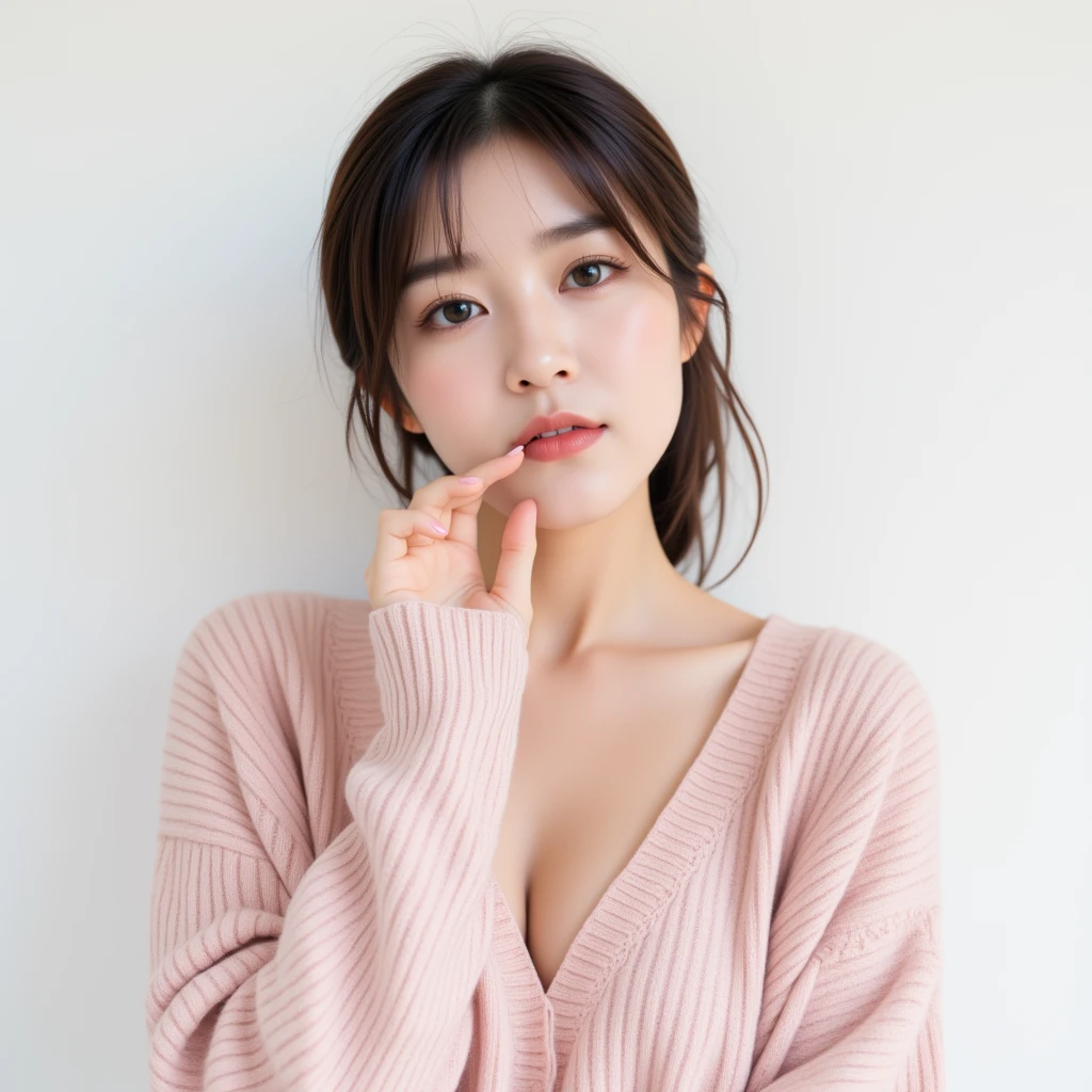 A bright, high-key portrait of an East-Asian woman in her mid-20s, standing against a simple, soft white background. She is wearing a cozy, light pink sweater with a textured knit pattern, adding a subtle warmth to the scene. Her hair is tied back in a loose, casual style, with a few strands framing her face. She has one hand placed on the back of her head, while the other hand gently touches her lips, creating a playful, slightly shy expression. The overall lighting is soft and diffused, emphasizing the gentle, cheerful atmosphere of the image, with her natural beauty and joyful expression as the focal points