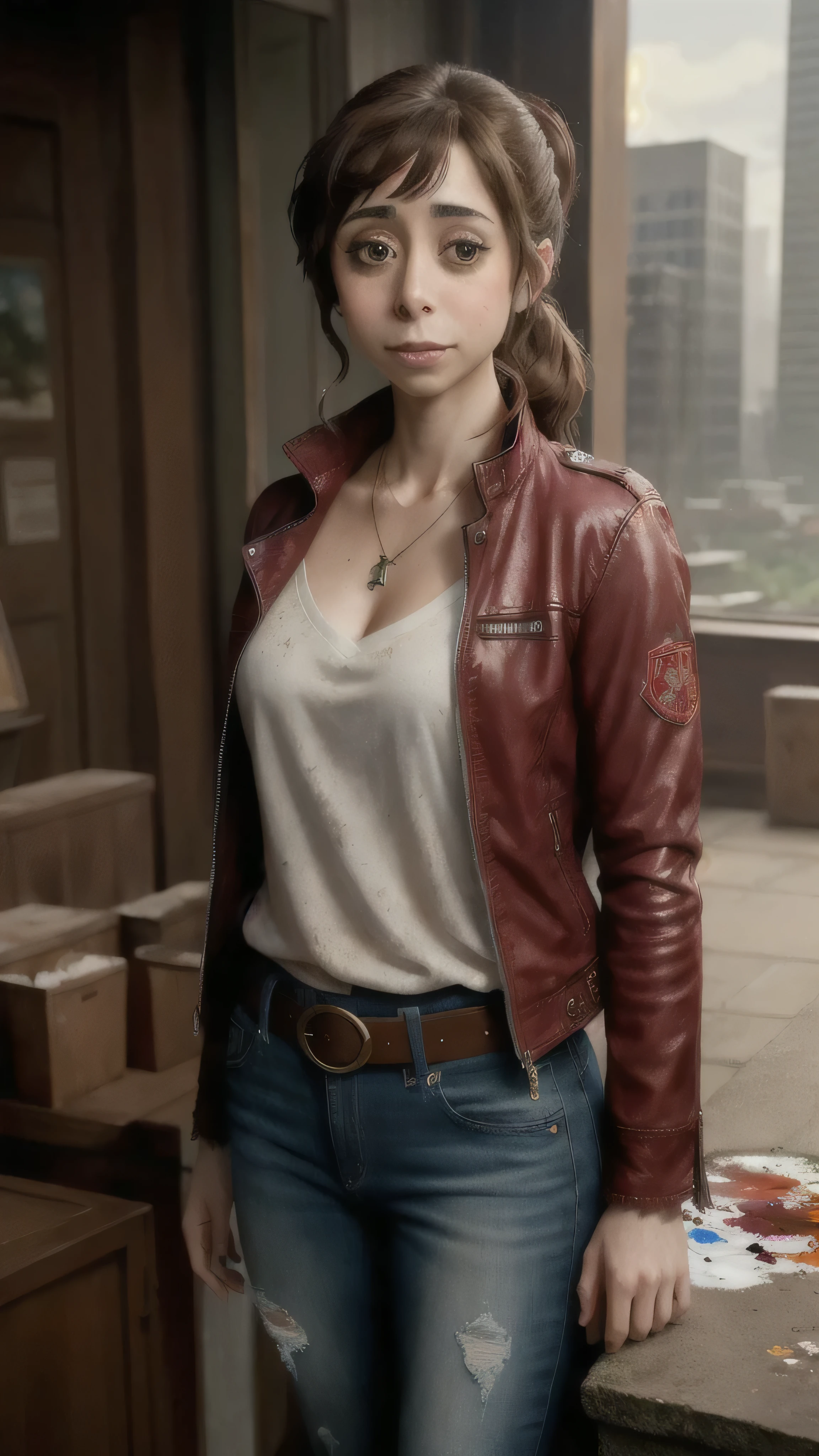 (Cristin Milioti) as Claire Redfield, blue eyes, brown hair, ponytail, jewelry, jacket, red jacket, jeans, belt, pants, necklace, (insanely detailed, beautiful detailed face, masterpiece, best quality), cinematic lighting, 1woman, solo, (full body view), front view, looking at viewer, intricate, high detail, sharp focus, dramatic, photorealistic painting art by greg rutkowski