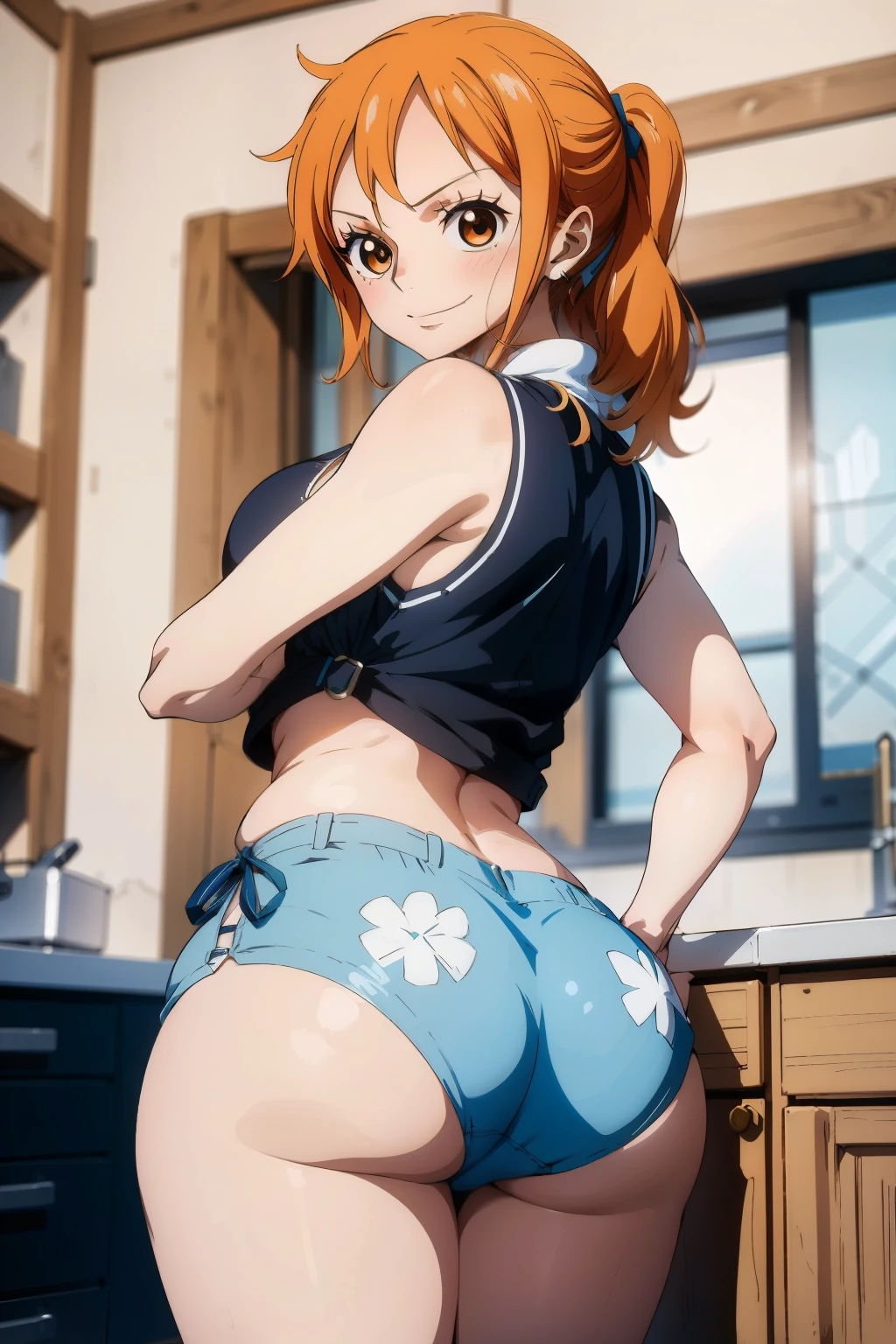 (dynamic angle:1.3, front view:1.1, breast focus:1.3, from above:1.1), (dynamic posing:1.2, sexy posing:1.2), (seductive smiling:1.3), ((looking at cake,Taking a cake out of the golden oven, worried about the outcome:1.2)),highest quality、(real、photorealistic:1.4),(ultra high resolution, 8K RAW photo, clear focus), best qualtiy, natural lighting, field depth, (Bright pupils, detailed beautiful eyes, high detailed face), Red lip, (tight focus:1.2), a girl 22yo old, Wearing a pastry chef uniform:1.3 , Thicc, thin breast, long hair, blue eyes,garter stocking, cleavage:1.2, midriff, black shorts, black thighhighs, thigh strap, pretty girl, (highly detailed beautiful face and eyes,firm breasts),real skin,((black,hair,long pony tail hair)),thin pubic hair,cute,lovely, detailed eyes,(double breasted:1.0,under bust:1.0),(with sparkling eyes and a contagious smile),open mouth, Looking at Viewer,A scene of cooking in the kitchen,looking at the golden oven