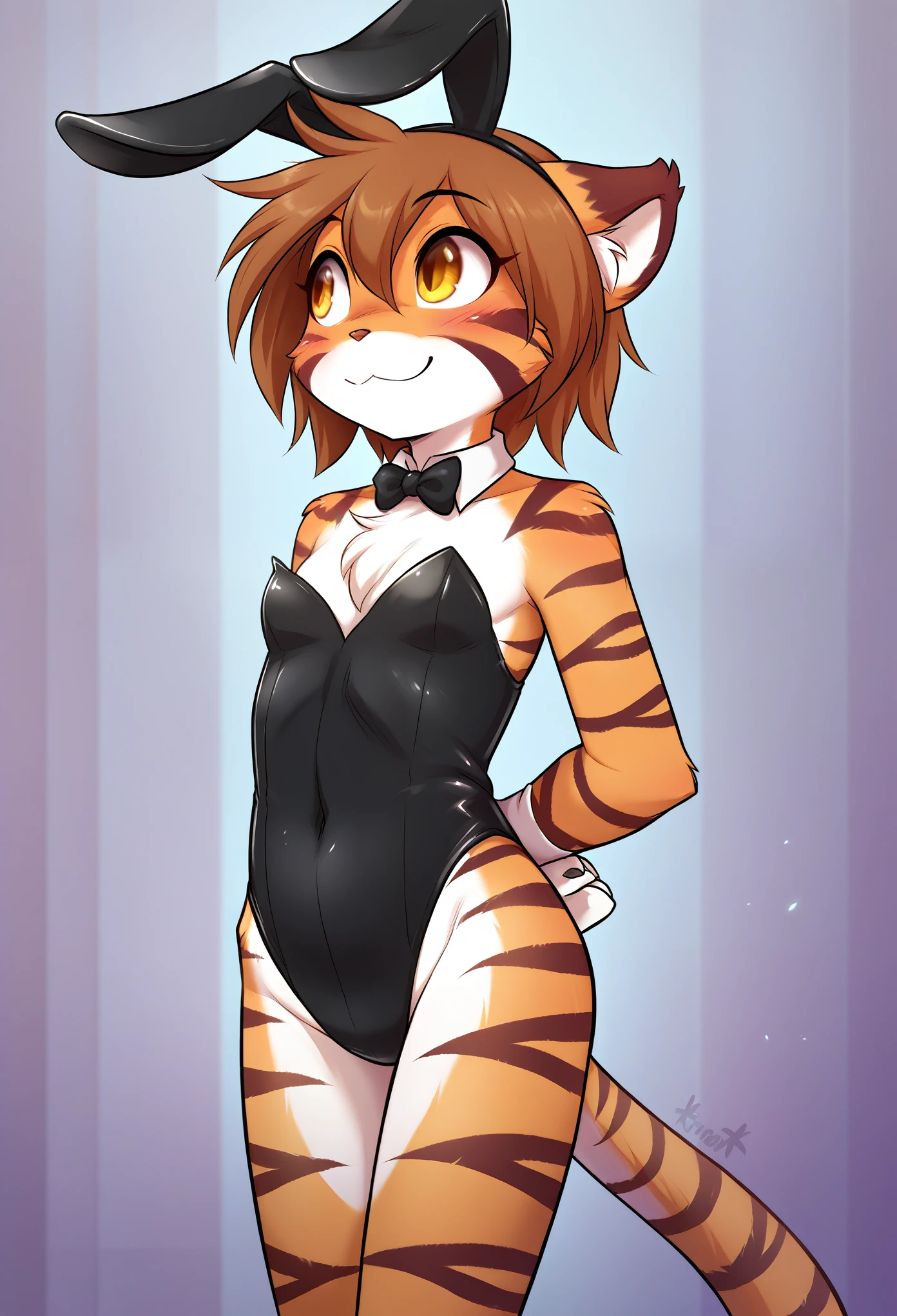 score_9, score_8_up, score_7_up, source_furry, rating_ safe, solo, a female anthro fluffy, female, furry, anthro, tkflora, tiger, striped fur, keidran, yellow eyes, solo, small breasts, anthro, (blush, looking away, hands behind back:1.15), light smile, playboy bunny suit, detailed background, front view, 