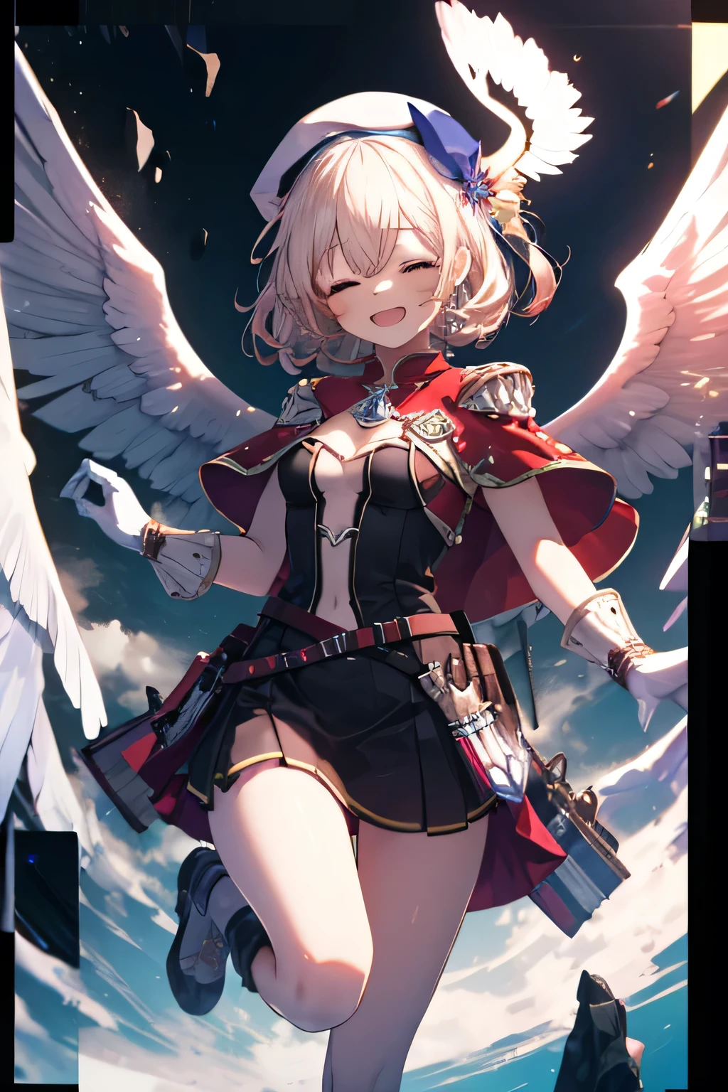 Girl smiling(Showing the teeth)  and closing my eyes, dentro de un MMORPG, jumping for joy ,  unknown background(MMORPG), complete anatomy, white beret, angel wings, 3D,  ornament of an accessory shaped like a flower on the head, aura, graphic effects, first person, derision
