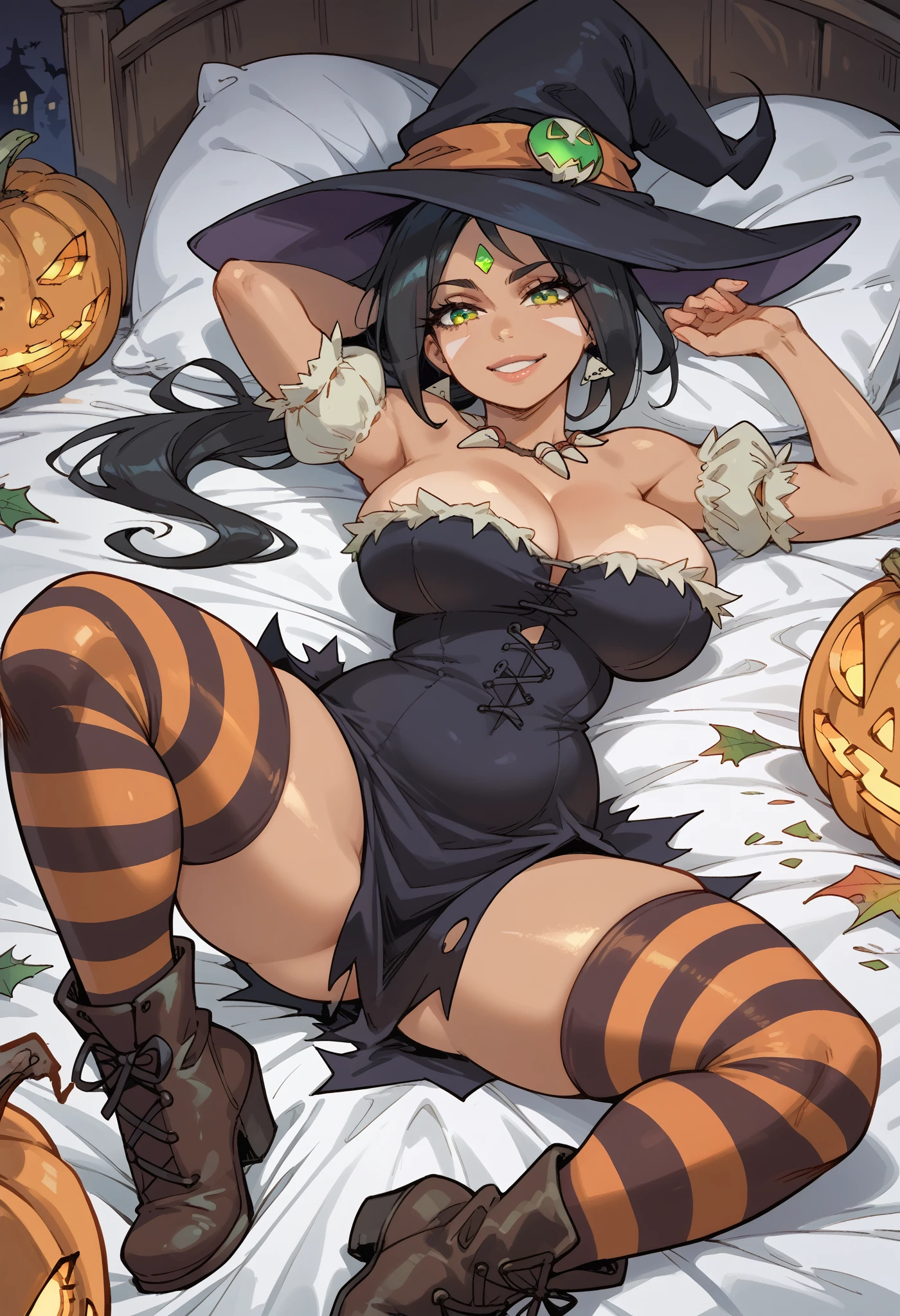 masterpiece, official art, 1girls, solo, shortstack, thick, curvy, curvaceous, plump, goddess, black hair, green eyes, long hair, ponytail, witch, short hair, thighhighs, hat, dress, cleavage, bare shoulders, yellow eyes, boots, striped, puffy sleeves, witch hat, corset, striped thighhighs, halloween, dark skin, nidalee, closeup, huge breasts, in bed, lying on her back, spread legs, looking at viewer, upper body, smile, seductive, alluring attire