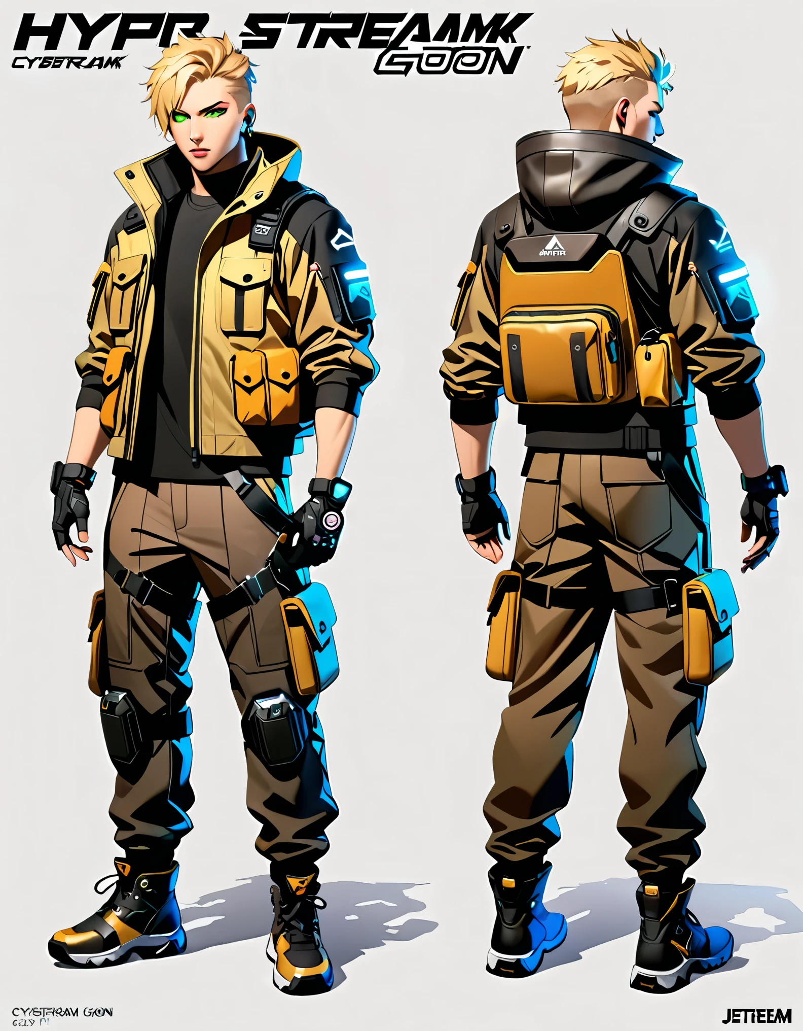 (masterpiece), (best quality), (high res), 1male, blond-haired man in military uniform, cyberpunk street goon, hyper-realistic cyberpunk style, jetstream sam from metal gear, techwear look and clothes, cyberpunk streetwear, cyberpunk soldier, young blonde boy fantasy thief, soldier outfit, wearing techwear and armor, wearing japanese techwear, soldier 7 6 from overwatch, wearing cyberpunk streetwear, green eyes. Solo, Solo focus, Simple background, Multiple Views, Character Sheet Full-Length.