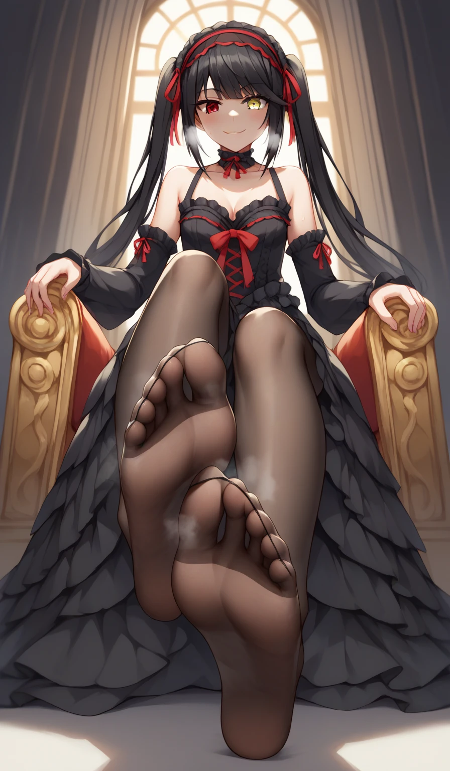 tokisakikurumiSDXL,1girl,long hair,black hair,red eyes,dress,ribbon,cleavage,bare shoulders,twintails,yellow eyes,hairband,detached sleeves,collarbone,symbol-shaped pupils,heterochromia,fashion,gothic,hairband,frilled dress,tokisaki kurumi, {{{black pantyhose}}}, Sitting at the throne, Low Angle, Foot Focus, Perfect feet, Anatomically correct, kind smile, spoken heart, {{{vulgarity}}}, breath, heavy breathing, breathless, foot sweat, foot perspired, foot humid, looking down at viewer,