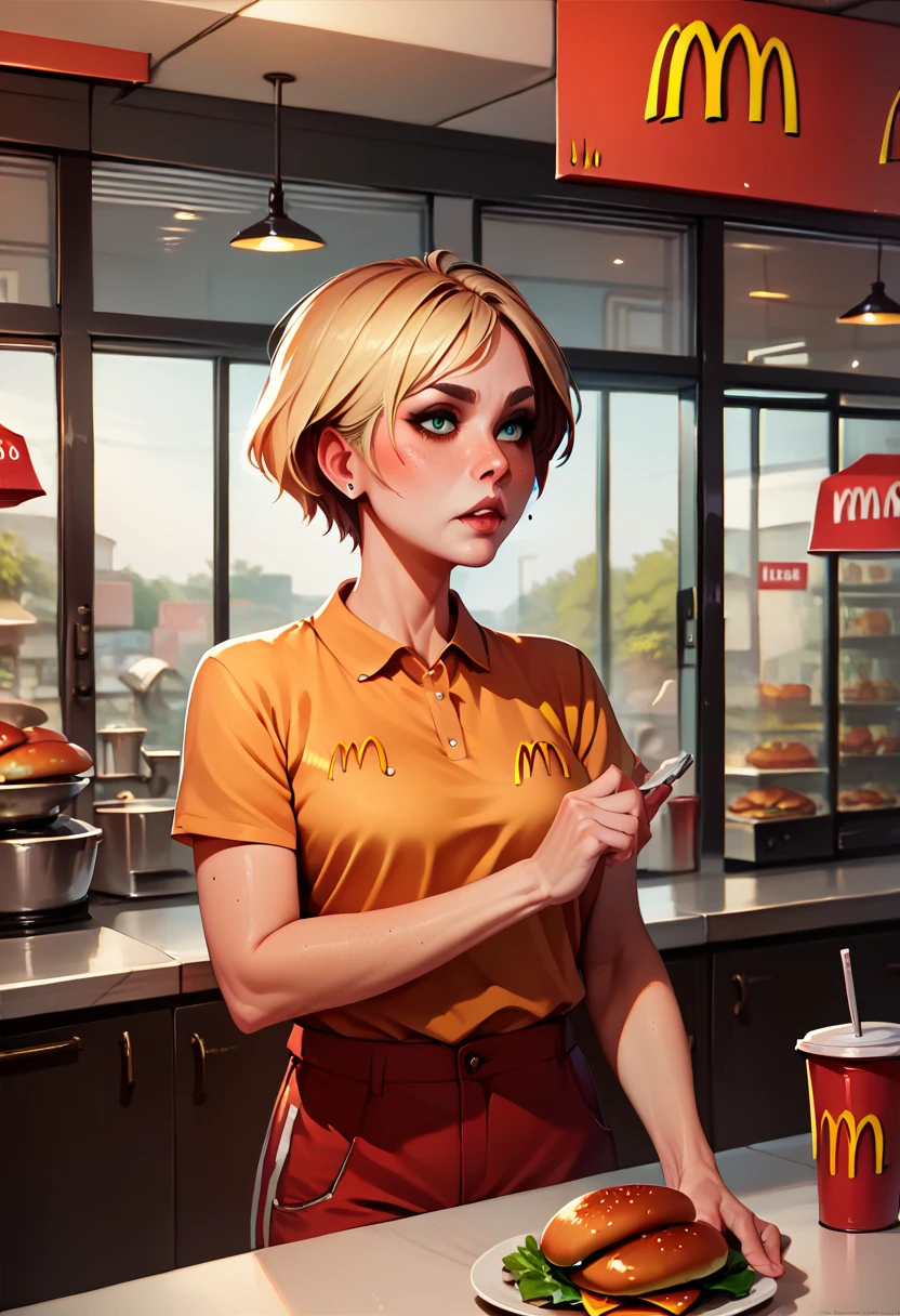 A girl in McDonald's clothes，Short hair