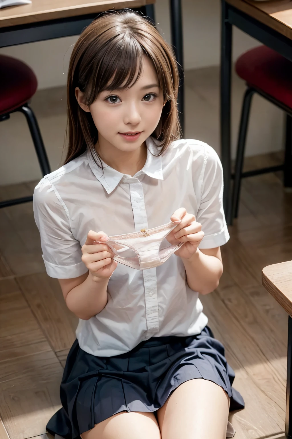 Best Quality, masterpiece, ultra high resolution, (reality: 1.4), Original photo, 1 female, Mature, smile:0.5, movie lighting , exact number of fingers、Exact number of legs、(The exact number of arms:1.0, Exact hand count:1.0), (Perfect hands, perfect anatomy),, reality的, High-definition CG, School、In the classroom、 best shadow, Best natural light, ((Woman showing off her panties:1.3)), ( School Uniforms, , Pleated Skirt , ), Exact Panties, embarrassing, , ( embarrassing表情 :1.4), angle from the front,( close-up of panties behind :1.4)