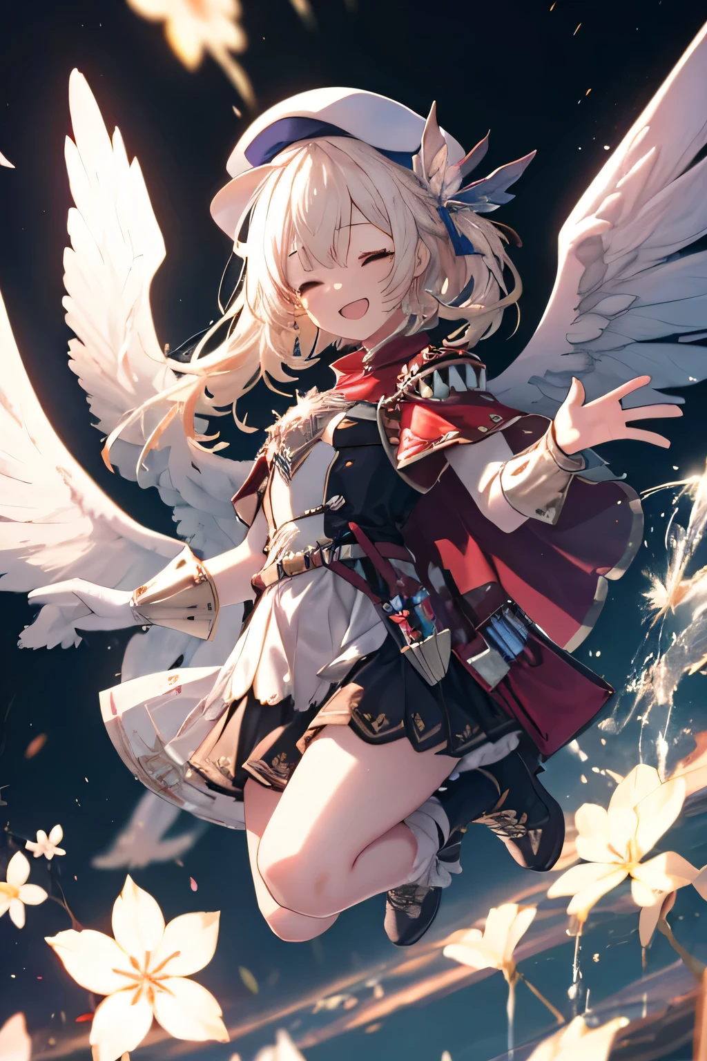 Girl smiling(Showing the teeth)  and closing my eyes, dentro de un MMORPG, jumping for joy ,  unknown background(MMORPG), complete anatomy, white beret, angel wings, 3D,  ornament of an accessory shaped like a flower on the head, aura, graphic effects, first person, derision,
