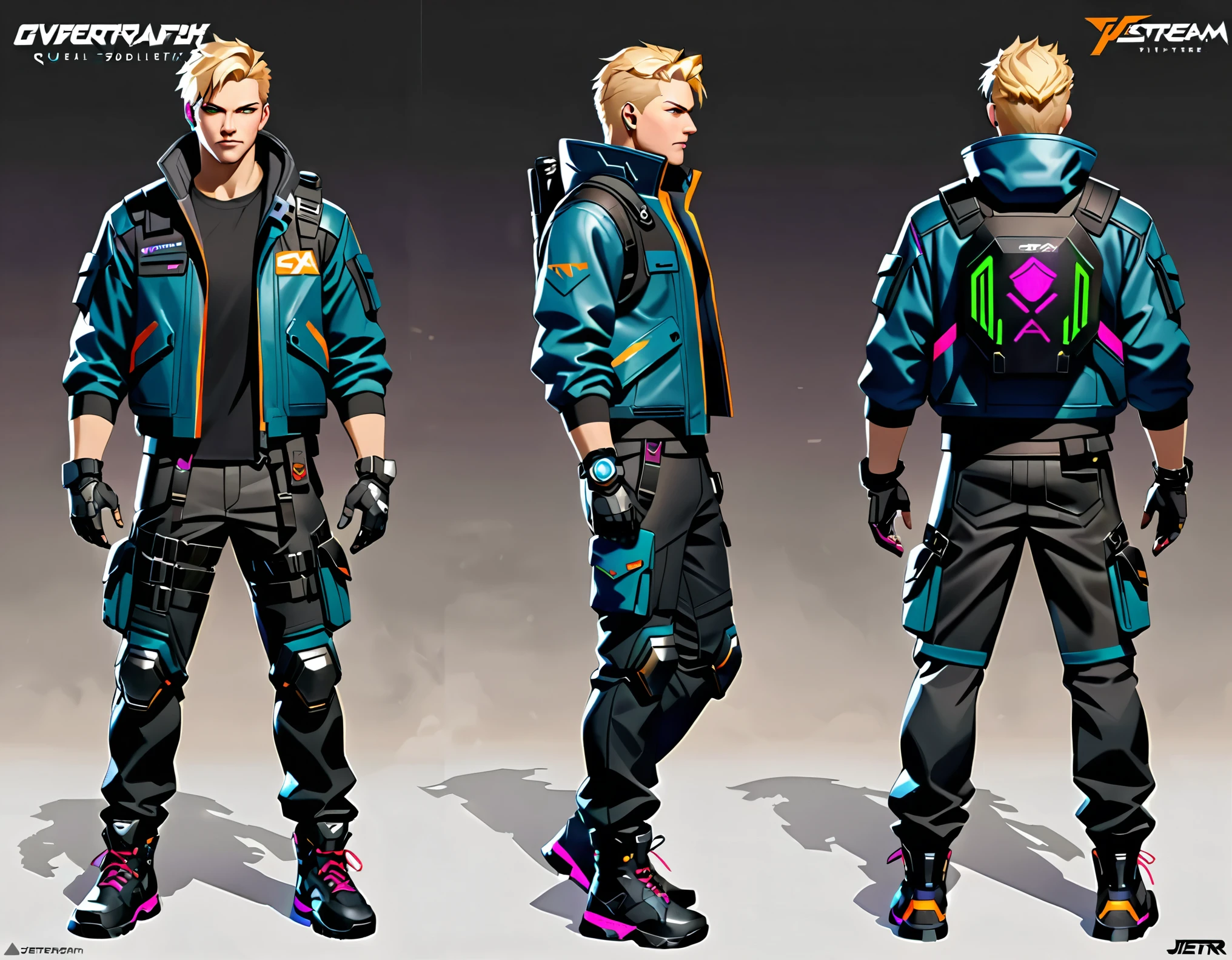 (masterpiece), (best quality), (high res), equal height, finger proportions coordination, 1male, blond-haired man in military uniform, cyberpunk street goon, hyper-realistic cyberpunk style, jetstream sam from metal gear, techwear look and clothes, cyberpunk streetwear, cyberpunk soldier, young blonde boy fantasy thief, soldier outfit, wearing techwear and armor, wearing japanese techwear, soldier 7 6 from overwatch, wearing cyberpunk streetwear, green eyes. Solo, Solo focus, Simple background, Multiple Views, Character Sheet Full-Length.
