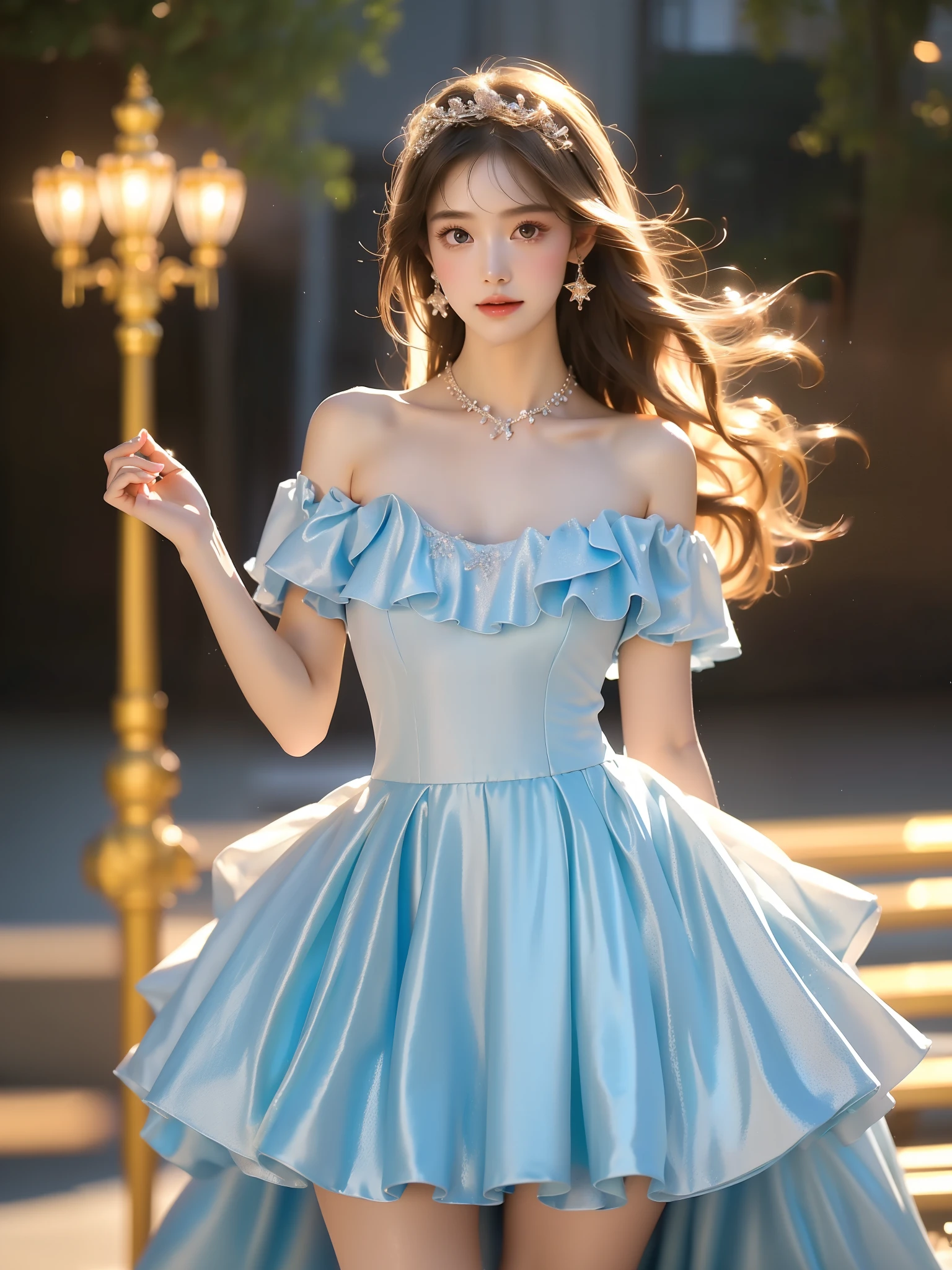 bluesparklebg, dress, frills, light blue dress, dress, white dress, off-shoulder dress, wedding dress, ballgown, ,((full body)), (Asian beauty: 1.3), girl, solo, ((very short hemline)), (Big eyes cute girl), (toned body: 1.2), (naturally large breasts: 1.1), (visible cleavage: 0.8), (smooth flawless skin: 1.2), (perfect anatomical proportions: 1.3), (anatomically correct legs: 1.3), (elegantly long legs: 1.3), 1.1) (a playful girl, one hand running through her long hair, the other lifting her skirt slightly), (detailed features: 1.2), (big bright eyes: 1.1), (long eyelashes: 1.1), charming smile, gentle and confident expression, Head slightly tilted, long flowing hair, (night scene: 1.1), (starry sky: 1.0), (space background: 0.9), (professional soft light: 1.2), (warm tone: 1.1), (Masterpiece: 1.4), (Super Detail: 1.3), (Sharp focus: 1.2), (Realistic: 1.2), (Hi-Fi: 1.1)