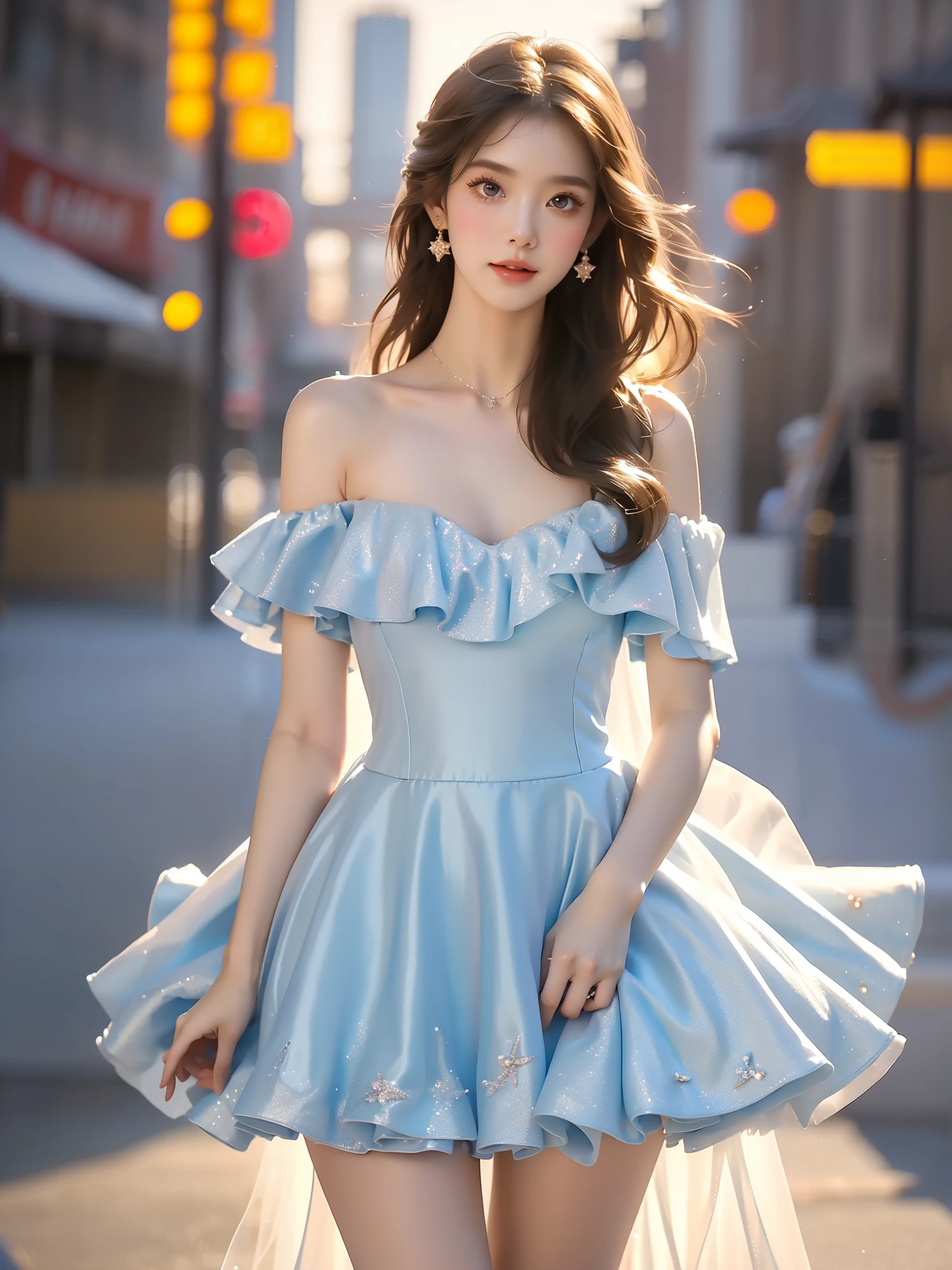 bluesparklebg, dress, frills, light blue dress, dress, white dress, off-shoulder dress, wedding dress, ballgown, ,((full body)), (Asian beauty: 1.3), girl, solo, ((very short hemline)), (Big eyes cute girl), (toned body: 1.2), (naturally large breasts: 1.1), (visible cleavage: 0.8), (smooth flawless skin: 1.2), (perfect anatomical proportions: 1.3), (anatomically correct legs: 1.3), (elegantly long legs: 1.3), 1.1) (a playful girl, one hand running through her long hair, the other lifting her skirt slightly), (detailed features: 1.2), (big bright eyes: 1.1), (long eyelashes: 1.1), charming smile, gentle and confident expression, Head slightly tilted, long flowing hair, (night scene: 1.1), (starry sky: 1.0), (space background: 0.9), (professional soft light: 1.2), (warm tone: 1.1), (Masterpiece: 1.4), (Super Detail: 1.3), (Sharp focus: 1.2), (Realistic: 1.2), (Hi-Fi: 1.1)