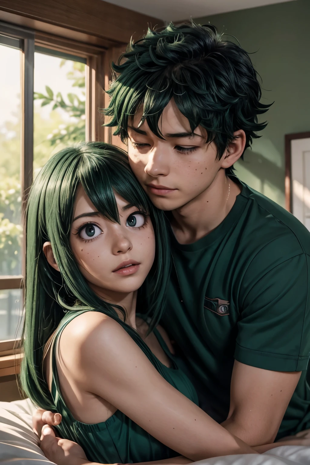 A cinematic still image, capturing a private and intimate moment. Medium close-up shot, capturing the characters' upper bodies and faces. A 50mm prime lens to create a natural perspective and subtle depth of field. Midoriya Izuku and Tsuyu Asui In a dark, cozy room with soft, warm lighting from a nearby window, casting soft shadows. The bed is covered with rumpled, inviting sheets. Tsuyu Asui kissing Midoriya Izuku, 8k)), 🔞, BREAK (Tsuyu Asui's long green hair), BREAK (Midoriya Izuku's short green hair), Midoriya Izuku, freckles. Tsuyu Asui's long eyelashes. remarkable art, 8k, professional digital art, photorealistic anime. Subtle, warm shadows should be cast on the characters. Highly detailed, showing individual strands of hair, the intricate texture and emotions on the characters' faces.