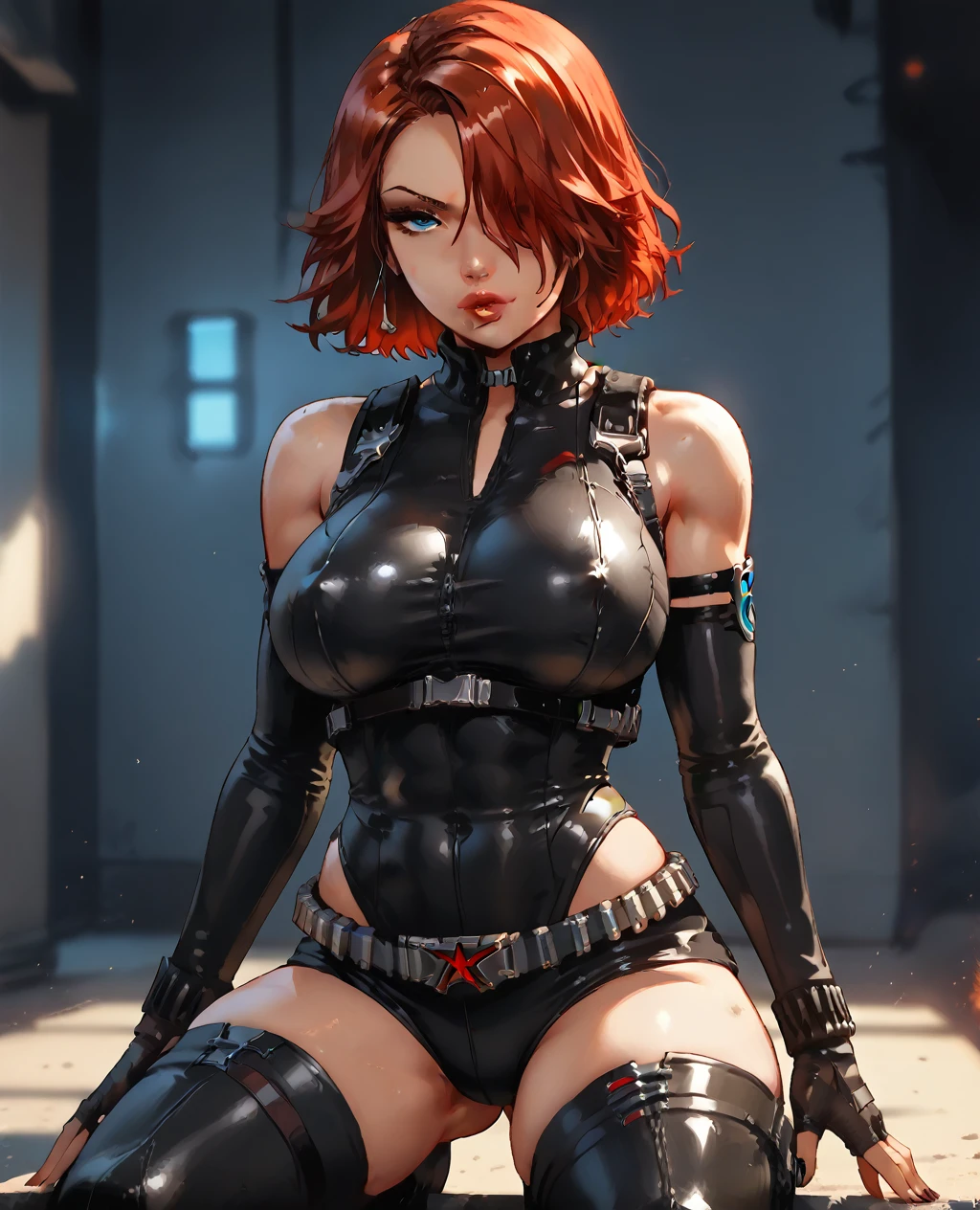 score_9, score_8_up, score_8_up, source_anime, rating_explicit,, 1girl,, xjoannax, red hair, short hair, multicolored hair, hair over one eye, blue eyes,solo,score_9, score_8_up, score_7_up, lilandavastyle, marvel black widow,safe_pos, (1girl, solo, masterpiece, 8k, HDR,), brunette, rating_mature, character concept art of a beautiful woman, extremely sexy, seductive, bobcut, toned body, luscious lips, comic book art, rough colored sketch, breasts supported by push up, stretching fabric around breasts, hourglass figure, small waist, (huge breasts, big hips, looking at the viewer), , bodystocking, full body view, seductive, thighigh boots, thigh boots, overknee boots, wetlook, Expressiveh, femme fatale, ammo pouches, tactical gear, tactical backpack, skintight outfit, erect nipples, glamorous event, skyrise, in skyscraper, hip armour, armour plating