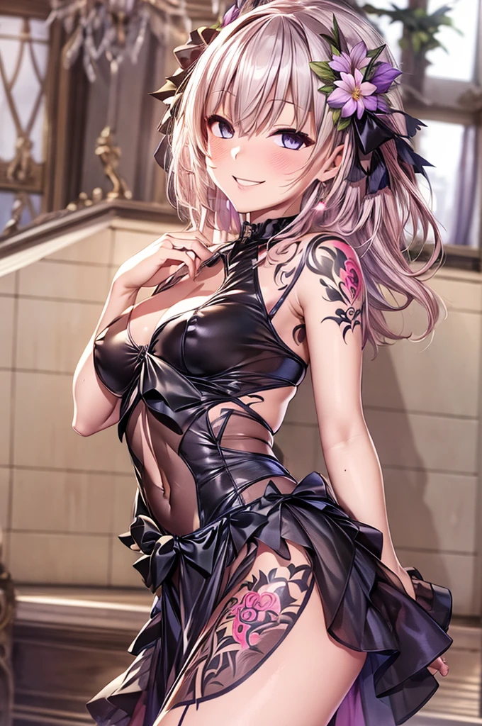 beautiful girl、FGO、 Jeanne d'Arc 、(Hollow Eyes:1.2), (Half-open eyes:1.3),  wide hips , Thick thighs, Thick Ass, (Tattoo on crotch:1.4), ( underbelly tattoo:1.3), (belly button), (Shoulder Bare:1.1), (Bad Smile:1.3), (  hair flower :1.2), Sleeveless,(  miniskirt in length:1.4), (Petticoat:1.4), (Layered Dress:1.4), petticoat,  garter strap ,  legwear ,  High Heels , (  bodystocking :1.4), ribbon, Harness, leotard,(see-through  leotard:1.4), Chest Jewel,  side cutouts ,  waist cutout , belly button cutout,(indoor), bet、(Best Quality:1.4), (masterpiece:1.4), ultra detailed, ( Kampala:1.4), 4K, 8k, Unity 8k 、( RAW Photos:1.4)、((ultra-detailed face:1.5))、(Hires .fix:1.4)、(masterpiece,Best Quality, Kampala:1.4)、(Realistic, photoRealistic:1.4),((Realistic skin feel)),