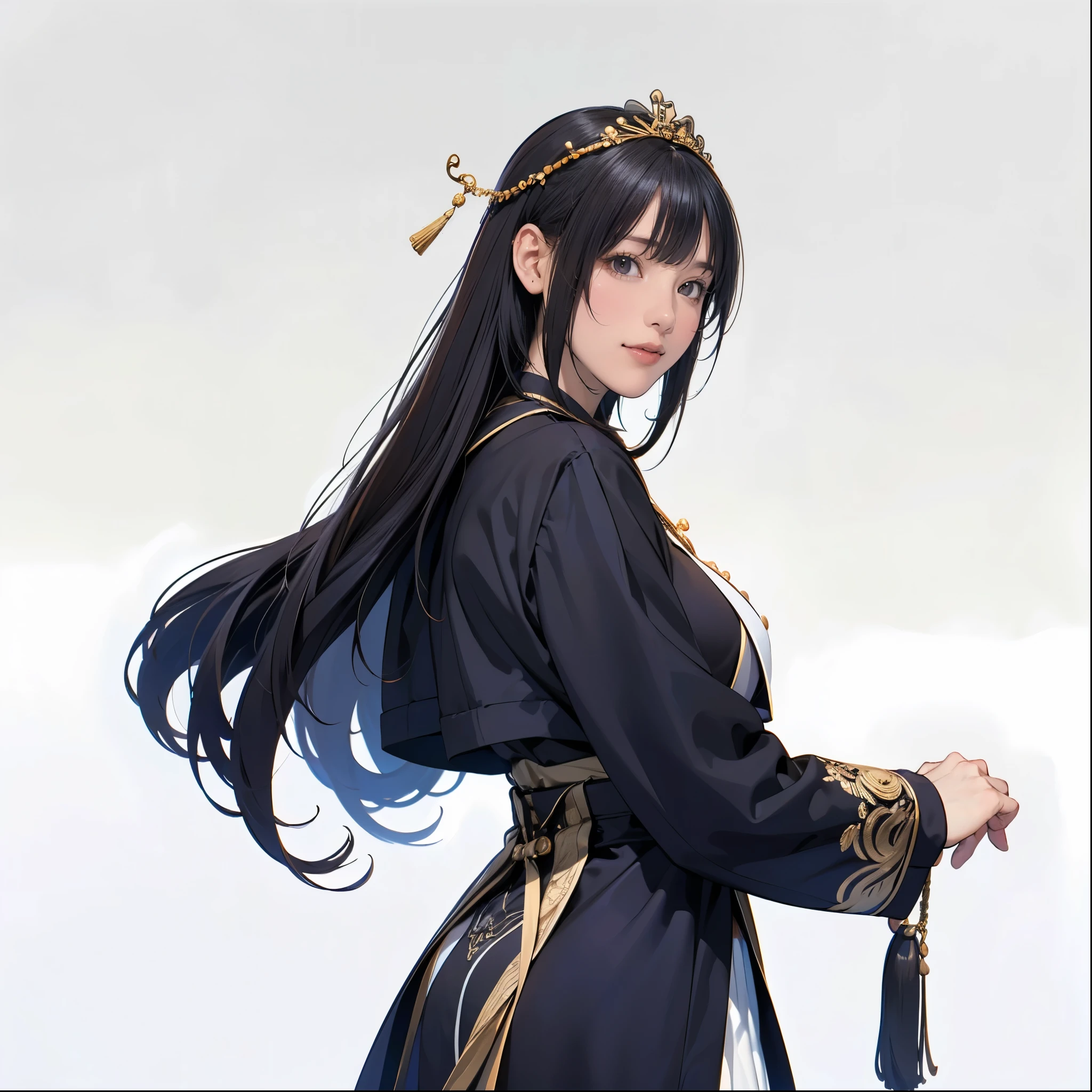 (masterpiece:1.2), (Realistic, photoRealistic:1.4), beautiful illustrations from the front, ( natural side lighting, movie lighting ), the depth of the written boundary, 1 female,20 years old, Long, shiny 々 black hair,A hair ornament as beautiful as a work of art:1.2,( An Extraordinary Beauty :1.3, perfect face,Shining black eyes,shiny skin, pale skin:1.2,Smiling kindly,Large Breasts,(( perfect style )), beautiful standing), (Heroine of the Three Kingdoms:1.3,Ancient Chinese Princess:1.1,A talented woman full of intelligence ,A purple and black coat with fine gold and silver embroidery like a work of art:1.3),( white background:1.3,simple background),dynamic pause,looking back:1.3,from behind:1.2,Looking up,(( cowboy shot,knee level shot:1.2))