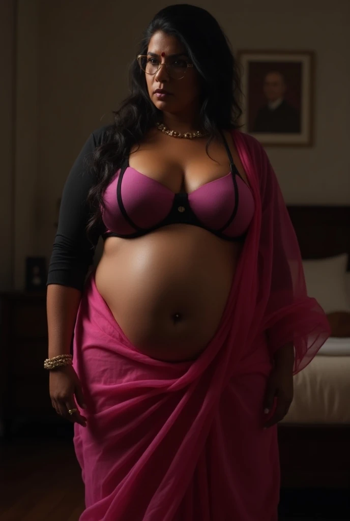 wolf cut hairstyle erotic hindu wife, sitting on chair, front facing, 4K, super realistic, huge breast, super big fake lips red lipstick super delicious body saree bra chubby body, full body