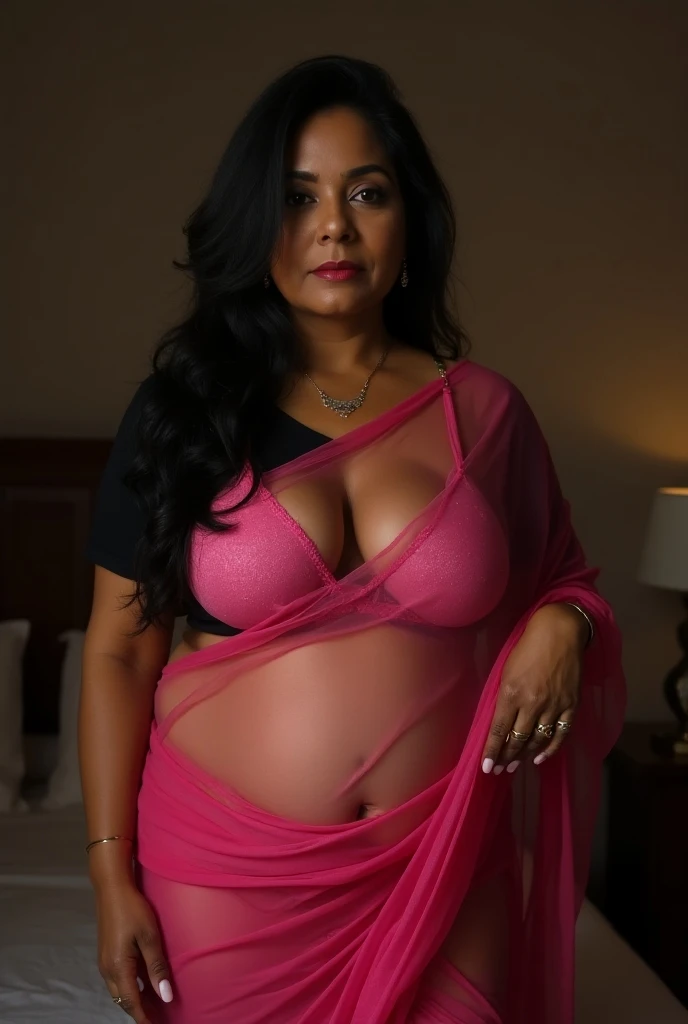 54 year old Indonesian prostitute sitting on the bed in a cheap brothel, crying, wearing a panties, pregnant, short black hair, slim body, black skin, giant tits: 198.6, drooping breasts, PP Cup breasts, hard niple erection