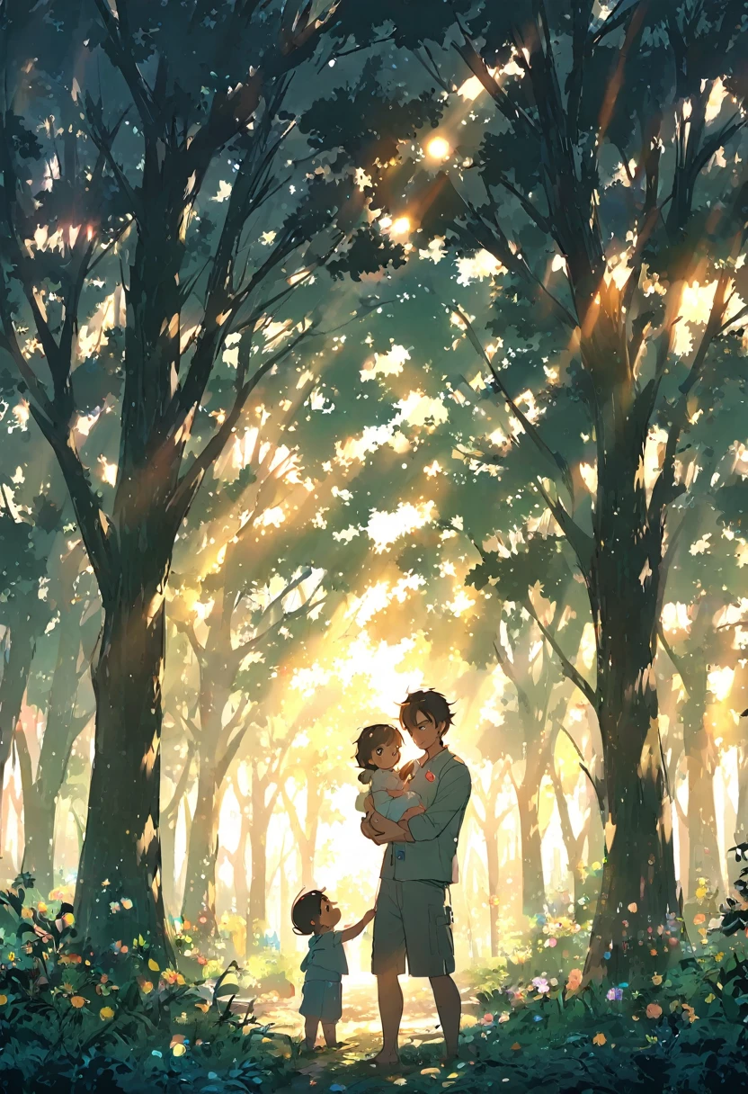 ((cartoon))，Pastel， A boy holding a baby， dark hair，Standing in the woods，Light through trees ， Sun through trees ，Sunny