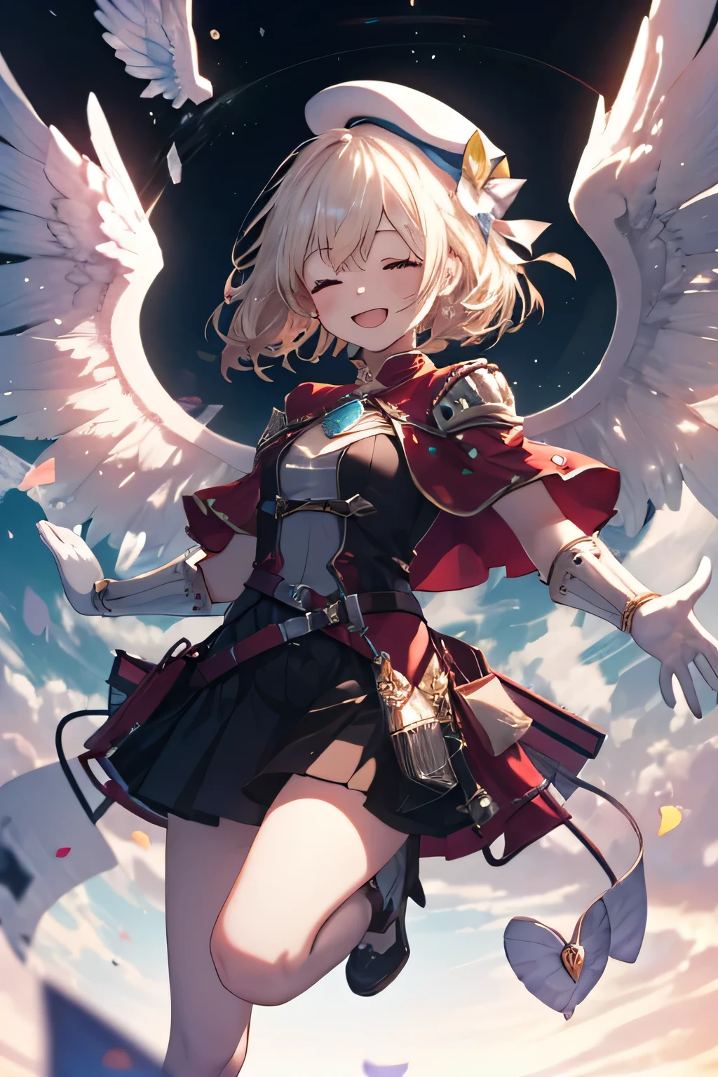 Girl smiling(Showing the teeth)  and closing my eyes, dentro de un MMORPG, jumping for joy ,  unknown background(MMORPG), complete anatomy, white beret, angel wings, 3D,  ornament of an accessory shaped like a flower on the head, aura, graphic effects, first person, derision
