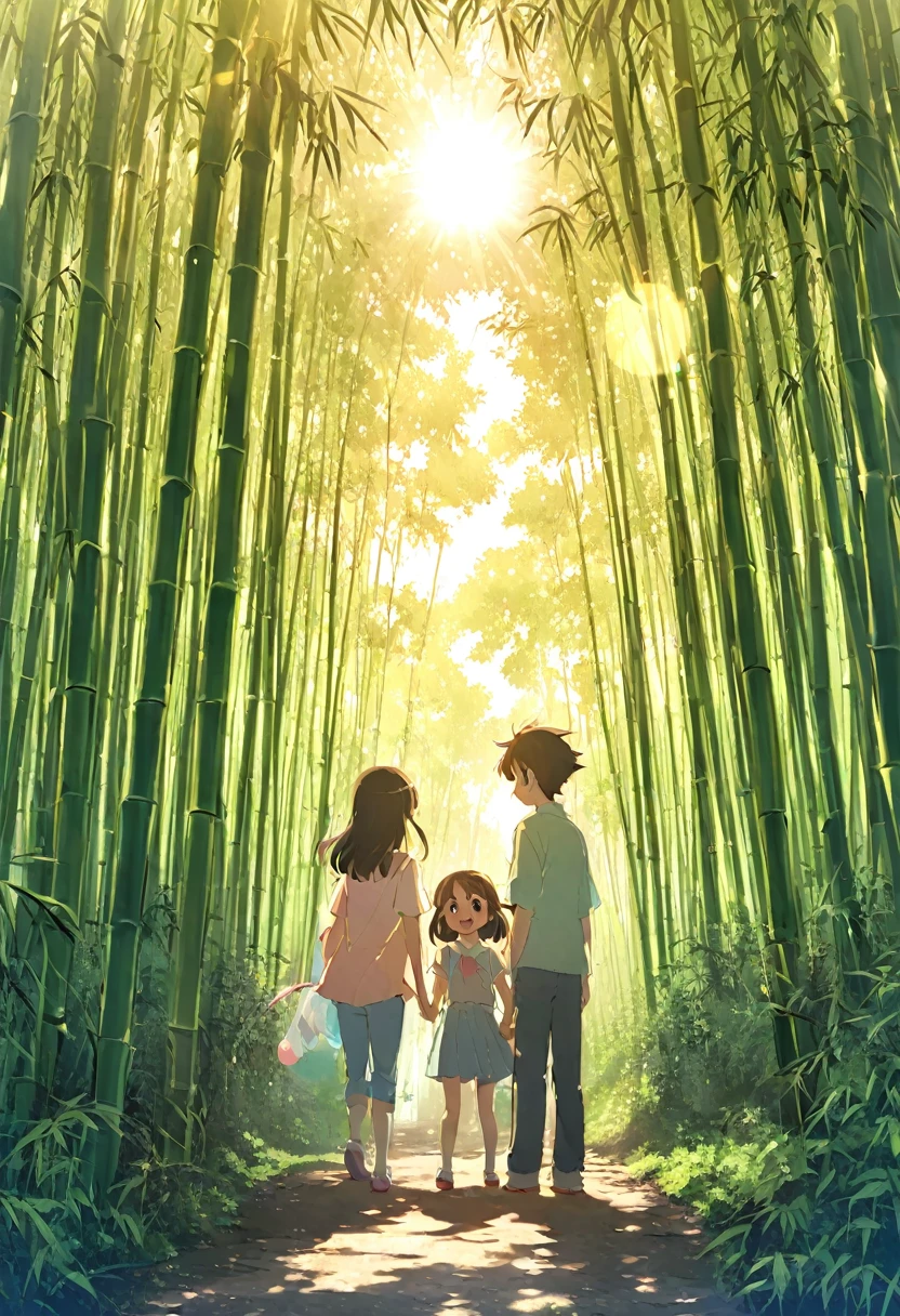 ((cartoon))，Pastel，A couple，About ten years old，Childhood sweethearts， dark hair，Standing in the bamboo forest，Light through trees ， Sun through trees ，Sunny，Back