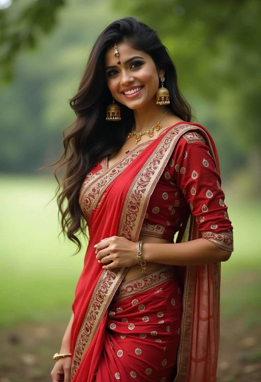 A upper body photo of a sexy, curvy slim model girl from a normal park setting. She's wearing a Traditional Indian Dress that hugs her figure. She has very big saggy tits. Her confident smirk radiates charisma as she stands in a natural park, her large earrings catching the light. Detailed skin texture, DSLR quality, cinematic lighting, and intricate accessories all come together to capture her allure
