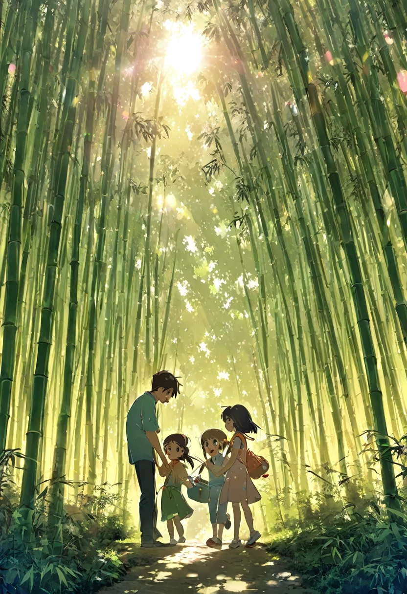 ((cartoon))，Pastel，A couple，Two people，Wear Chinese style，About ten years old，Childhood sweethearts， dark hair，Standing in the bamboo forest，Light through trees ， Sun through trees ，Sunny，Back