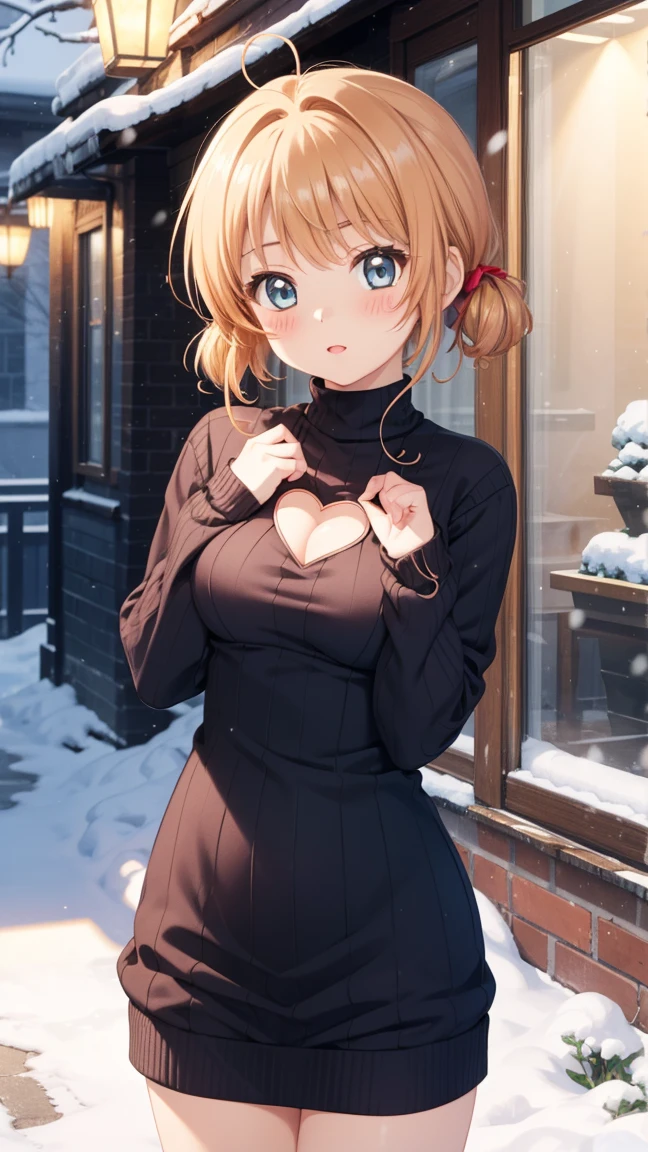 masterpiece, best quality, highres, 1girl, detailed face, blush, anime CG style, (medium breasts), (18 year old girl:1.3), (aged up), good lighting, perfect body, sakura kinomoto, glossy lips, snow, (knit sweater dress), pleated microskirt, heart cutout, cleavage cutout, clothing cutout