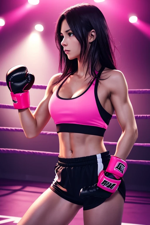 front view, A photorealistic portrait of determined woman Stand in boxing ring and raise her hands ready to fight, wearing pink and black sportwear and striking pink boxing gloves, her hair slightly wet and framing her intense gaze, with soft anime-style lighting highlighting her toned physique, dark gym background with soft shadows, vibrant colors and sharp details.