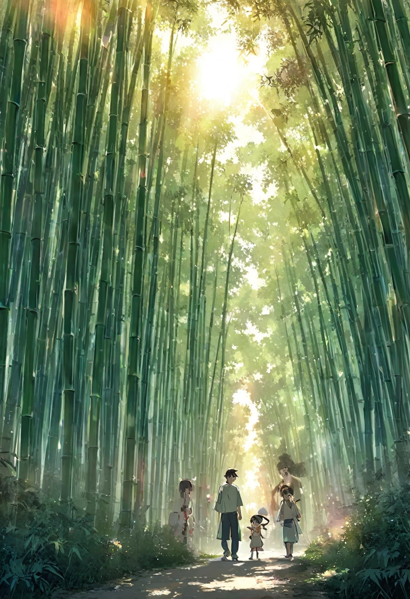 ((cartoon))，Pastel，Two people，One man and one woman，Wear Chinese style，About ten years old， dark hair，Standing in the bamboo forest，Light through trees ， Sun through trees ，Sunny，Back